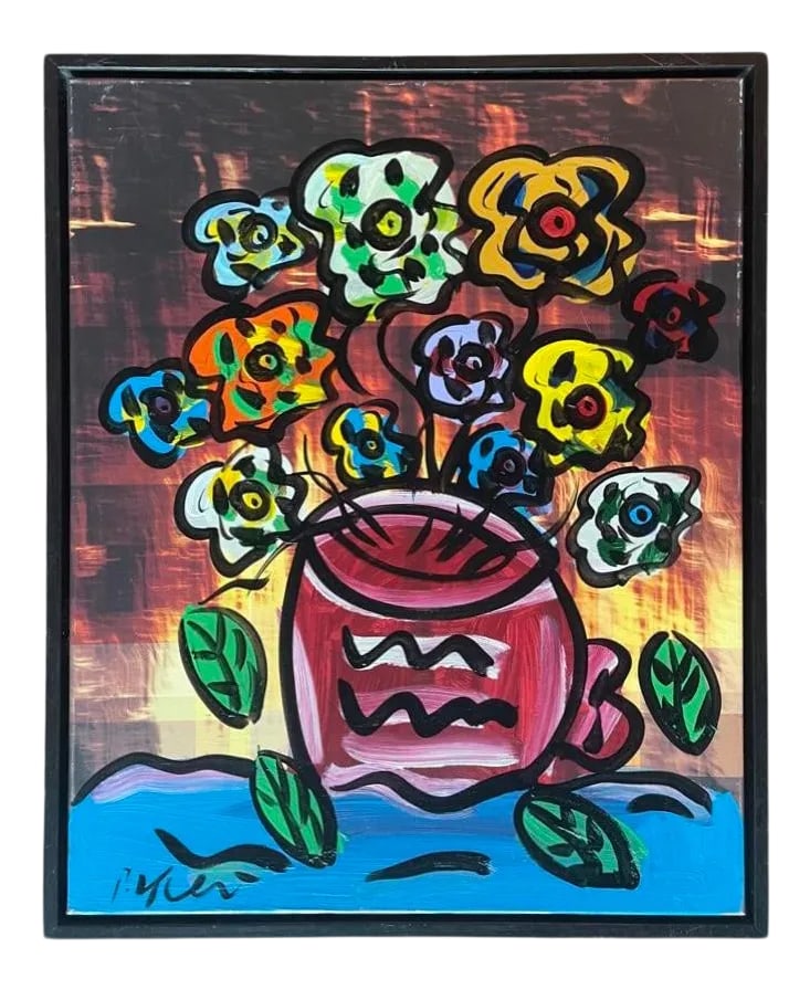 Flowers, Peter Keil: Peter Keil is a German artist who focuses primarily on abstract expressionism. Keil painted with some of the greats, including Joan Miró, Pablo Picasso, and Andy Warhol, to name a few. This is a
