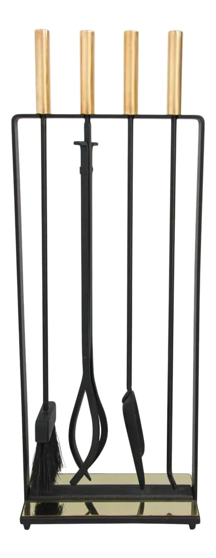 1960's Modernist Pilgrim Brass Fireplace Tools - Set of 5: Stunning set of 1960's modernist brass and iron fireplace tools by Pilgrim. Modernist Wrought Iron and Brass Fireplace Tools by Pilgrim Manufacturing (Maker) Modernist, five-piece, fireplace tool set
