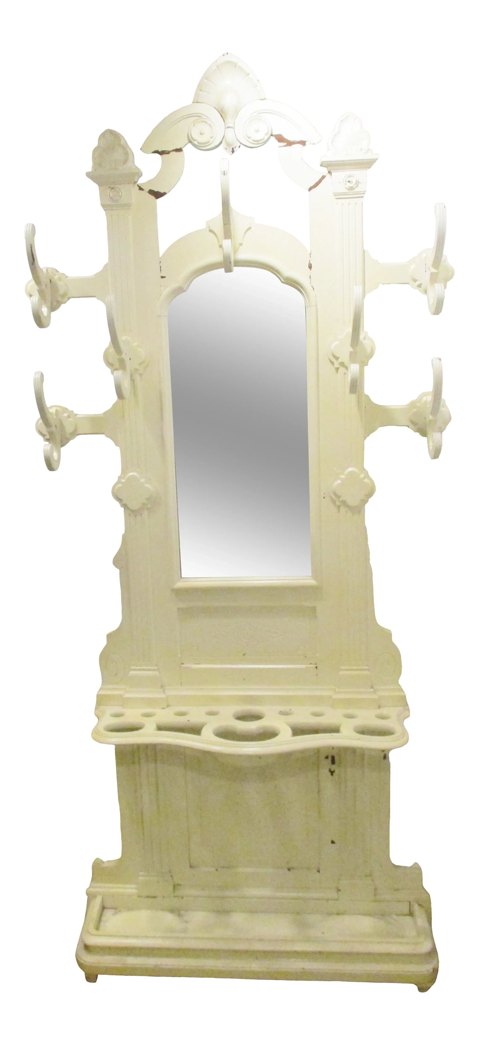 19th Century Victorian Renaissance Mahogany Hall Tree Stand Mirror Umbrella Hold: 19th Century Victorian Renaissance Mahogany Hall Tree Hall Stand with Mirror and Umbrella Holders Painted white over the original mahogany many years ago by previous owners. The mirror does have some