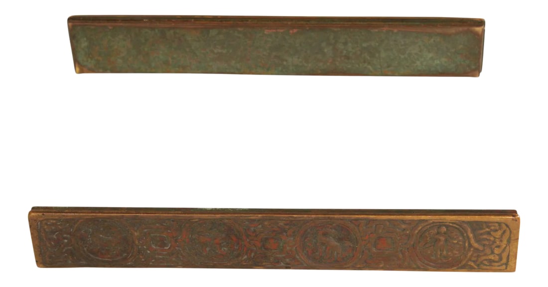 Tiffany Studios Bronze Zodiac Blotter Ends - A Pair: High Quality Vintage Bronze Set of Zodiac Patter Blotter Ends by Tiffany Studios Condition: Alterations: Original Condition Unaltered Imperfections: Some Imperfections Condition Notes: Clean Vintage