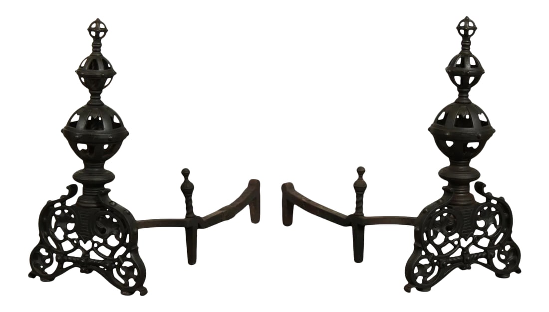Bradley & Hubbard Antique Cast Iron Andirons # 9518 - A Pair: High Quality Antique Set of Heavy Cast Iron Andirons, B & H 9518 Condition: Alterations: Original Condition Unaltered Imperfections: Some Imperfections Condition Notes: Clean Vintage Condition. Age