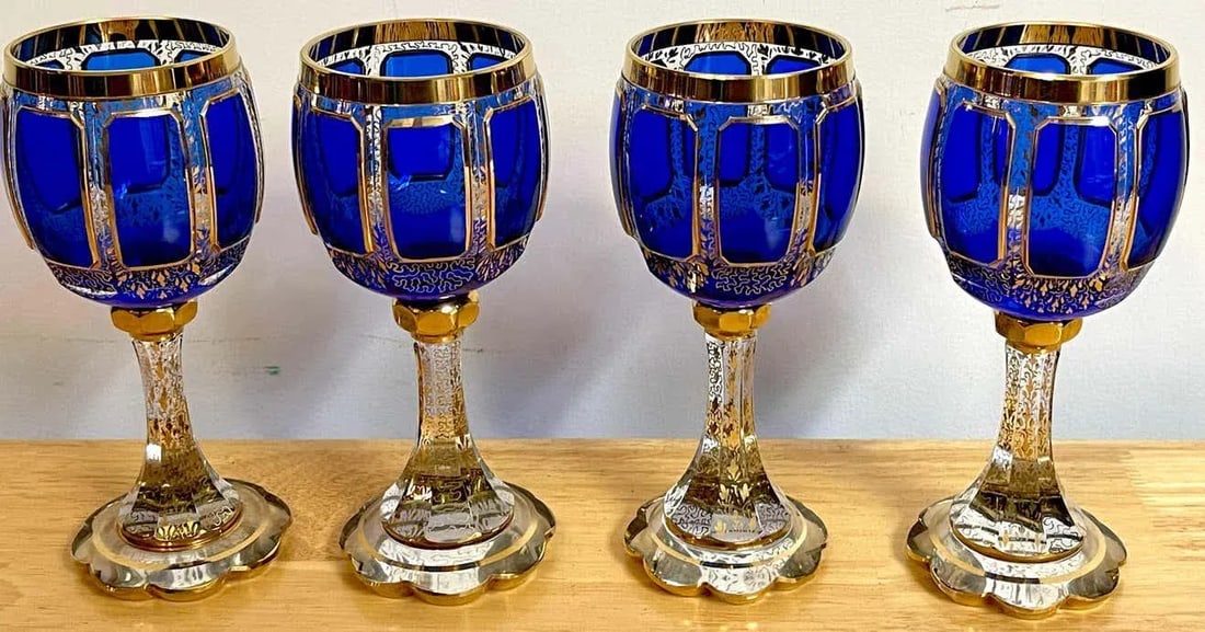 Early 20th Century Moser Gilt Enameled Cobalt Paneled Goblets, C 1930s - Set of 10 - 10