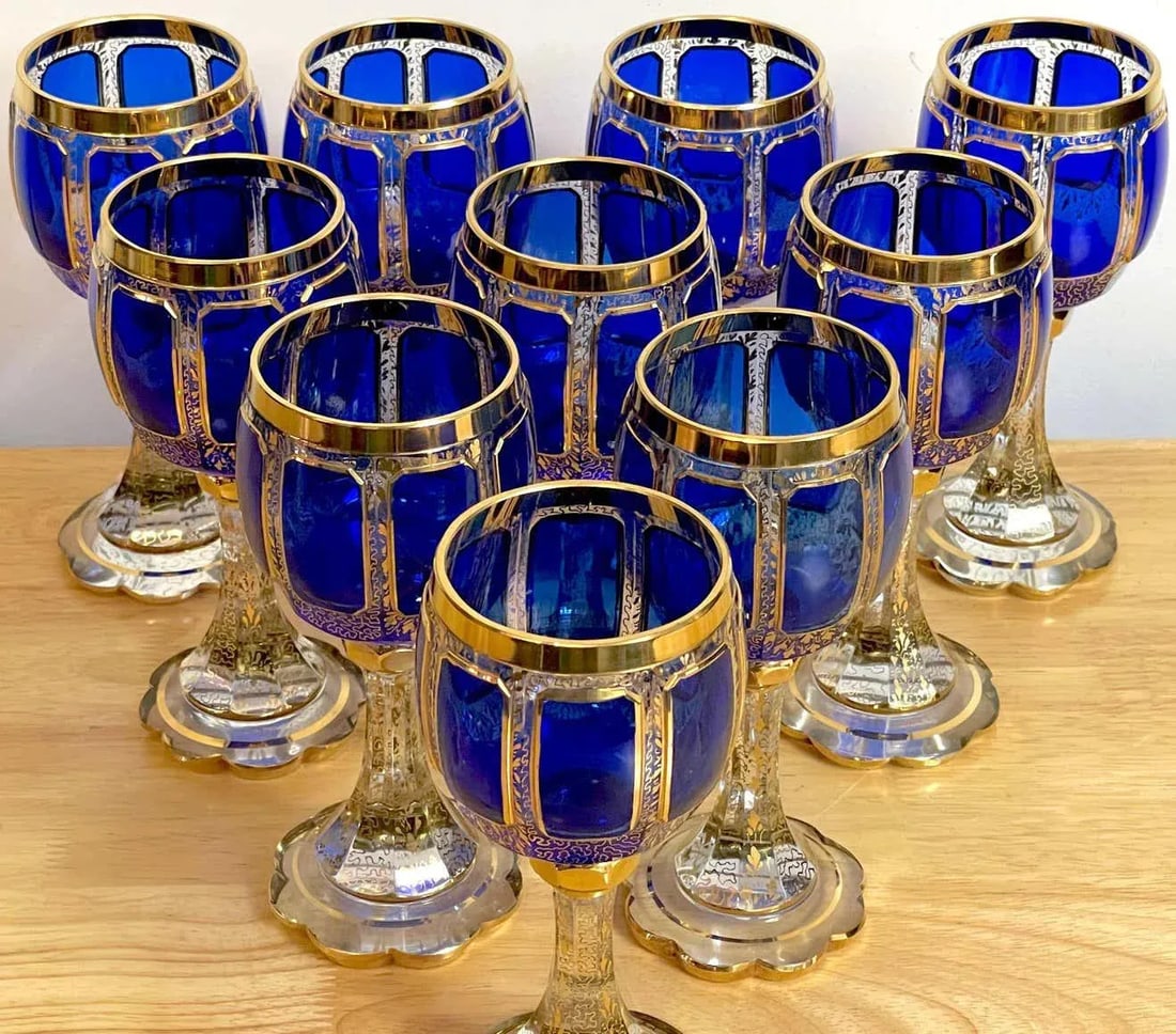 Early 20th Century Moser Gilt Enameled Cobalt Paneled Goblets, C 1930s - Set of 10 - 11