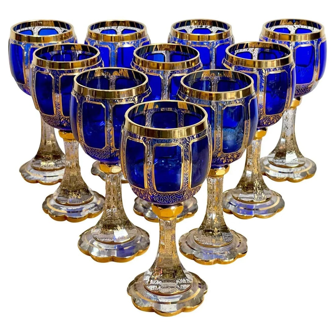 Early 20th Century Moser Gilt Enameled Cobalt Paneled Goblets, C 1930s - Set of 10 - 13