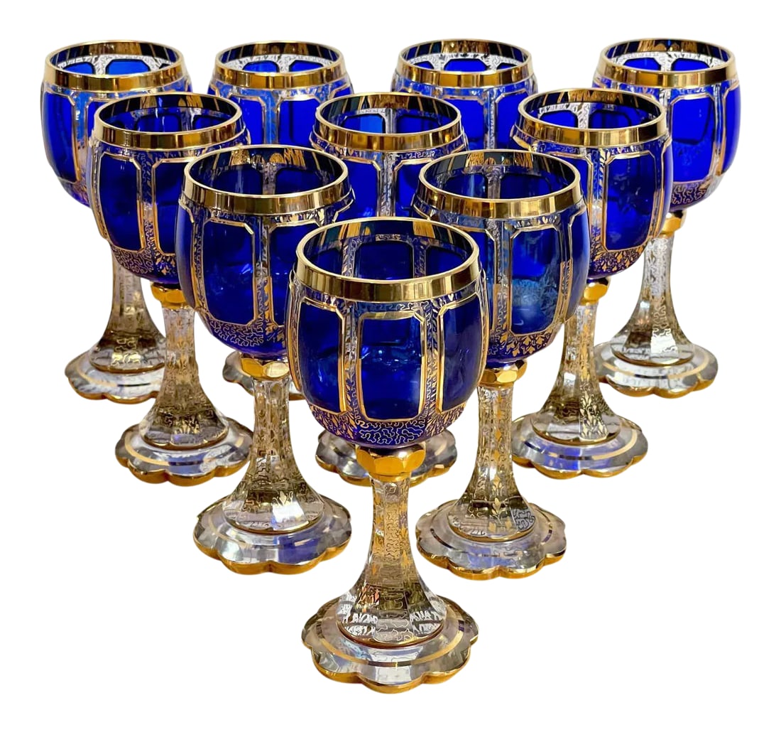 Early 20th Century Moser Gilt Enameled Cobalt Paneled Goblets, C 1930s - Set of 10: Ten Moser Gilt Enameled Cobalt Paneled Goblets, Each one a chunky goblet with raised eight cobalt panels, with all over intricate gilt enamel. The condition is excellent, no flaws observed, the