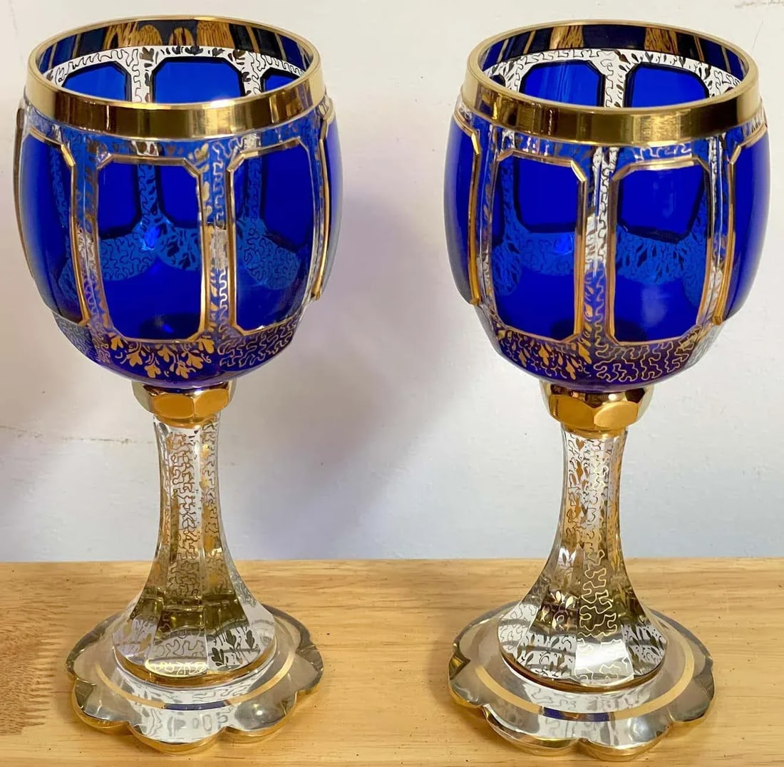 Early 20th Century Moser Gilt Enameled Cobalt Paneled Goblets, C 1930s - Set of 10 - 4