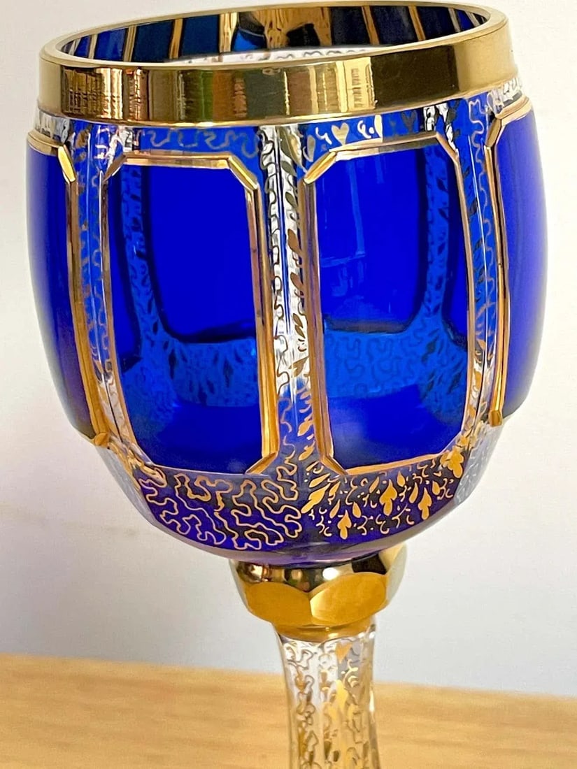 Early 20th Century Moser Gilt Enameled Cobalt Paneled Goblets, C 1930s - Set of 10 - 5