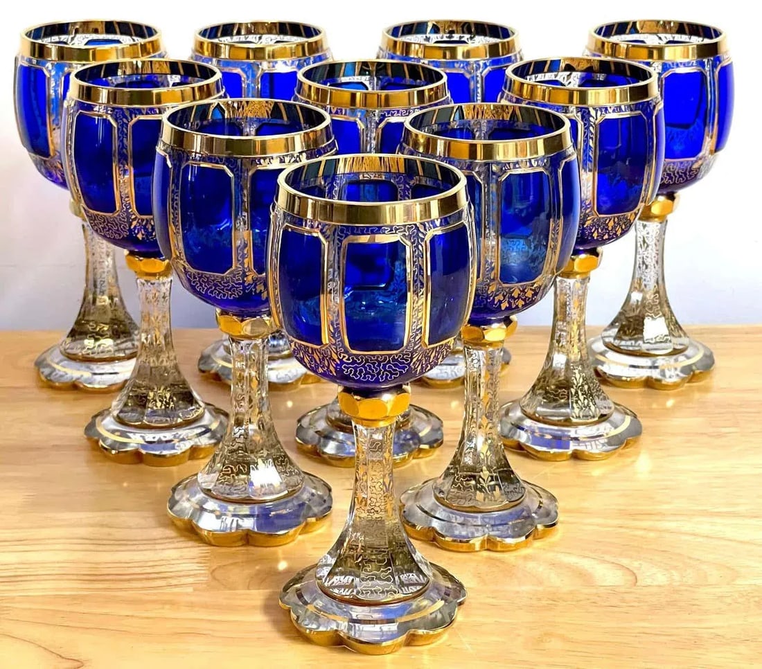 Early 20th Century Moser Gilt Enameled Cobalt Paneled Goblets, C 1930s - Set of 10 - 6