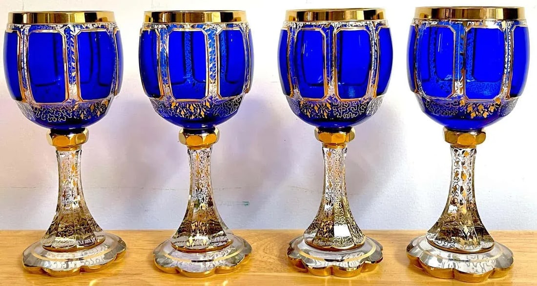 Early 20th Century Moser Gilt Enameled Cobalt Paneled Goblets, C 1930s - Set of 10 - 7