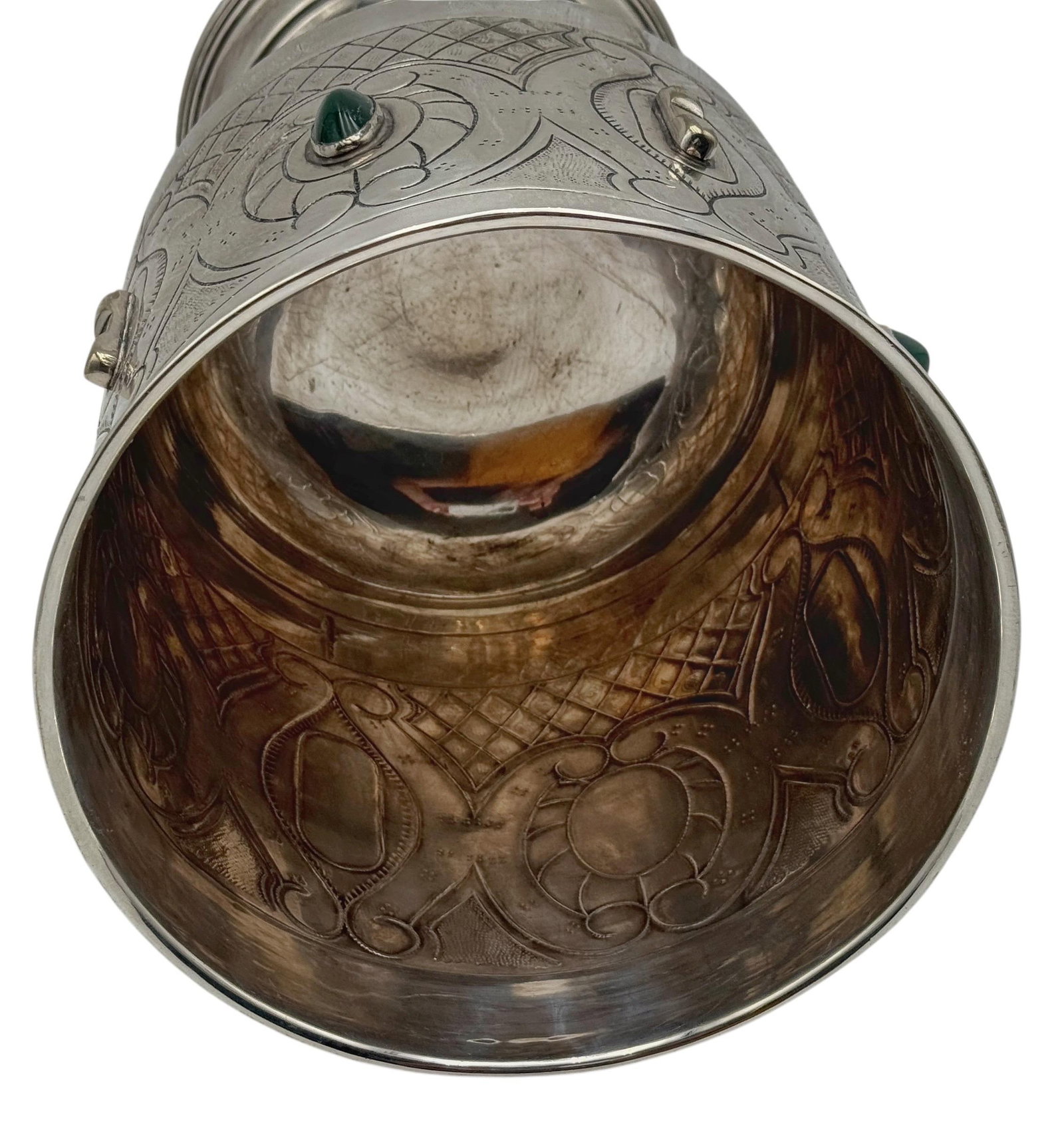 Large Mexican Spanish Colonial Revival Alpaca Silver Wine Bucket & Green Onyx - 11