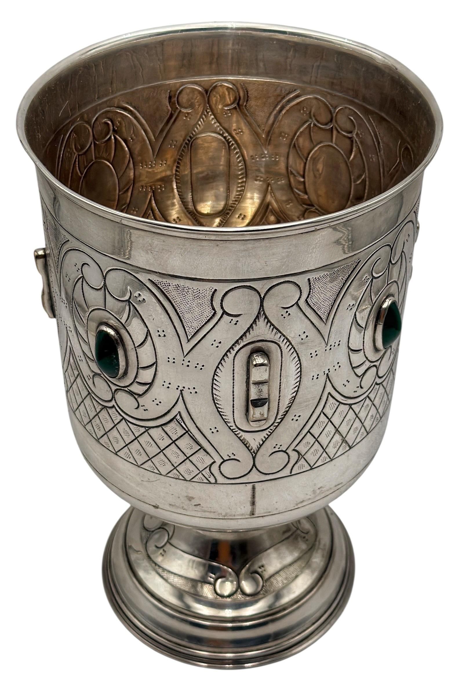 Large Mexican Spanish Colonial Revival Alpaca Silver Wine Bucket & Green Onyx - 5