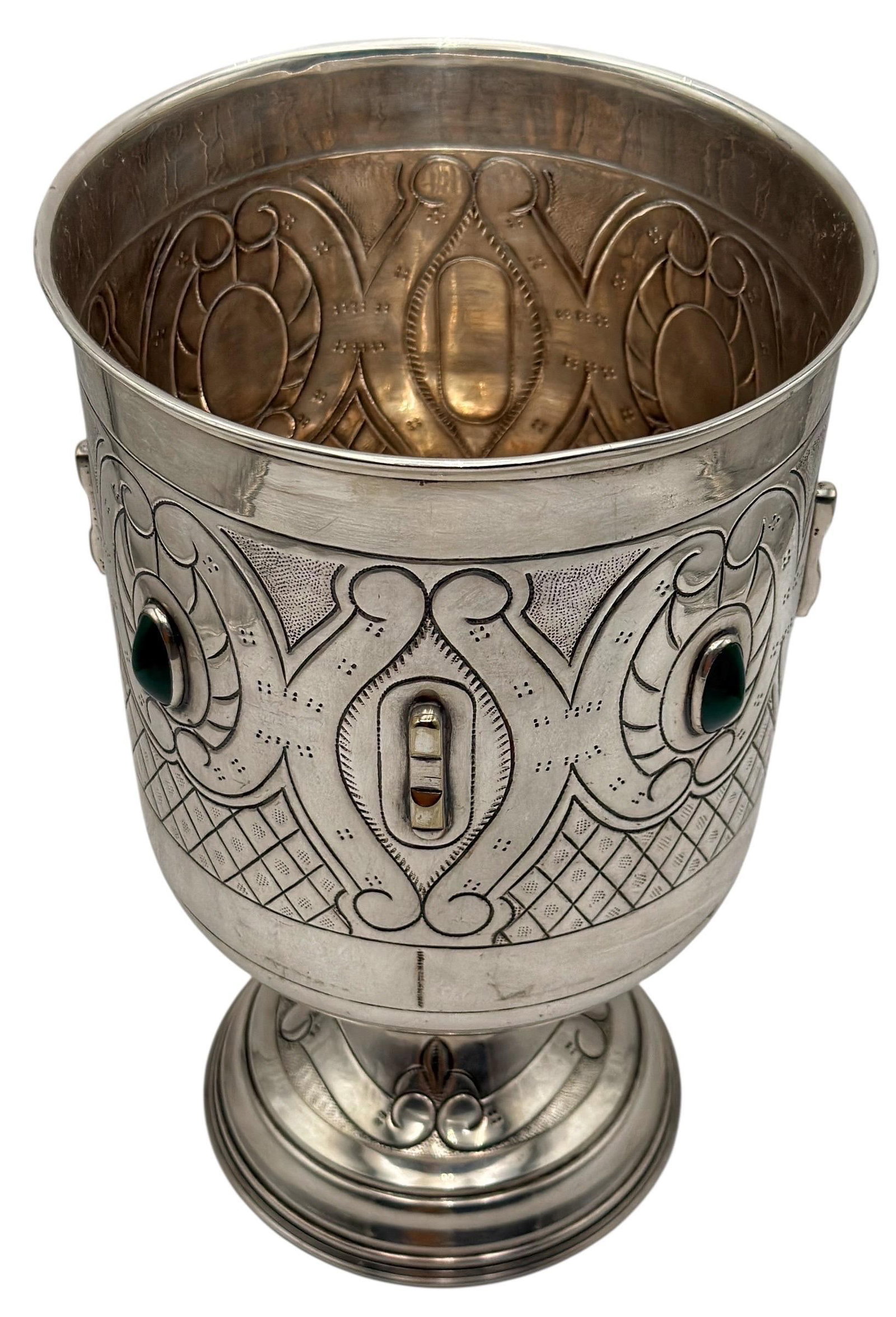 Large Mexican Spanish Colonial Revival Alpaca Silver Wine Bucket & Green Onyx - 7