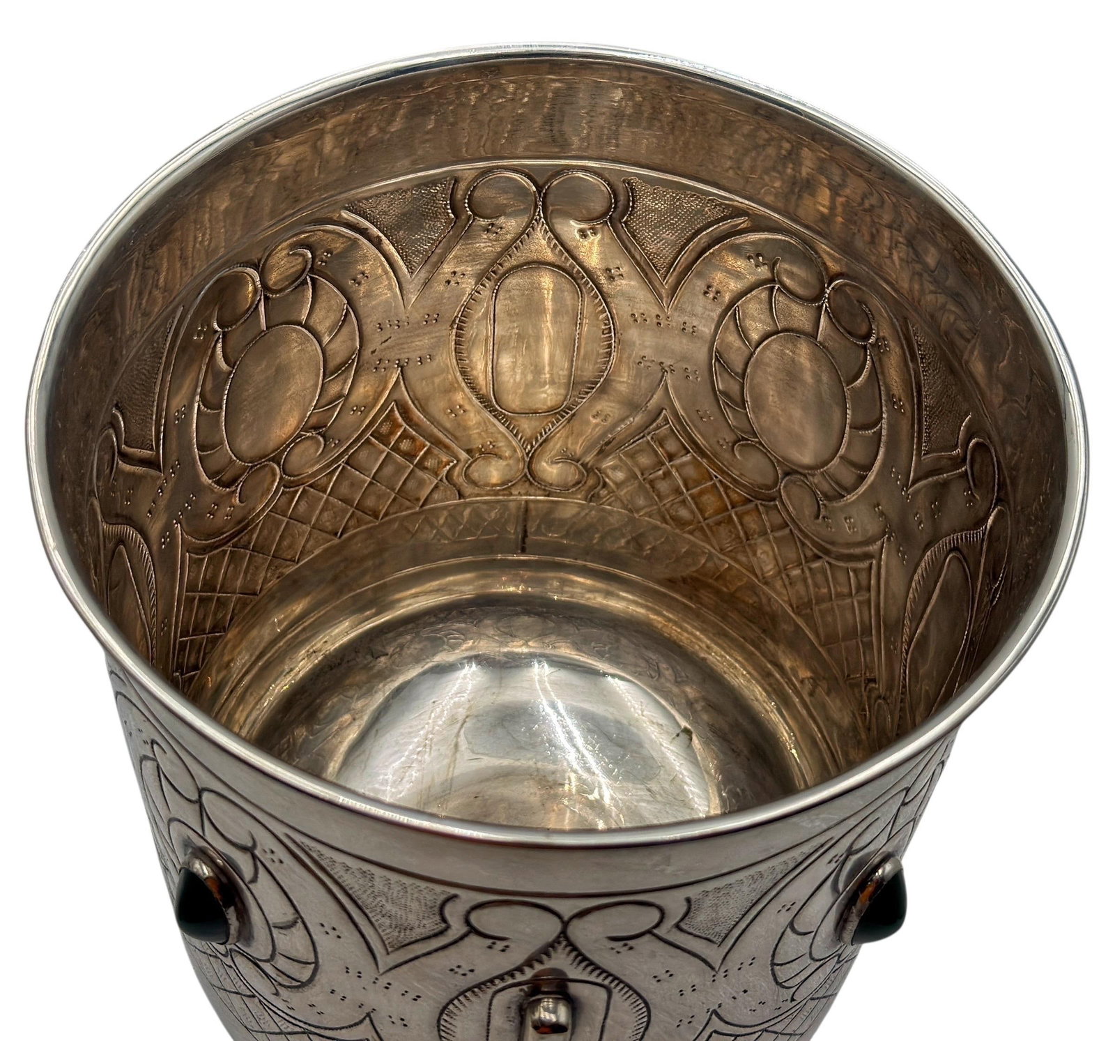 Large Mexican Spanish Colonial Revival Alpaca Silver Wine Bucket & Green Onyx - 9