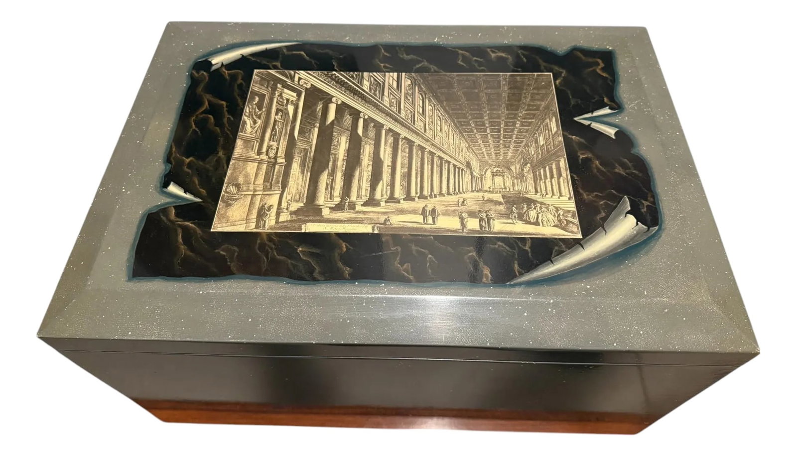 Maitland Smith Lacquered Storage Trunk With Piranesi Print: Quick Hits: Maitland-Smith lacquered storage trunk with Piranesi-inspired print Hand-painted finish featuring a neoclassical architectural motif Ebony interior with brass-tone hinge hardware Functions