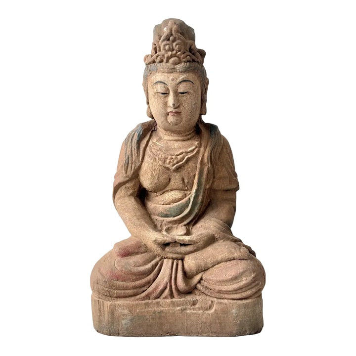 Early 20th Century Guan Yin Meditating Buddha Carved Wood Figure: Guan Yin Meditating Buddha Carved Wood Figure. Guanyin is the revered Bodhisattva of Compassion in East Asian Buddhism, widely known as the "Goddess of Mercy" and "One Who Hears the World's Cries".