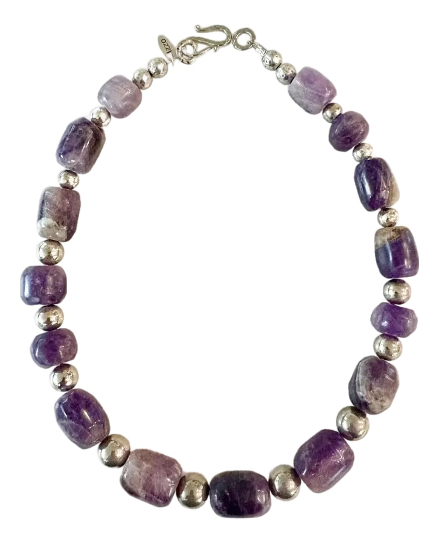 2020s Pre-Columbian Hand Carved Amethyst Beads With Silver Spacers Restrung Necklace: Rare, antique hand carved pre-Columbian amethyst beads. Handmade with silver spacers and clasp. Restrung by Matthew Izzo. Condition: Alterations: Original Condition Unaltered Imperfections: Some Imper