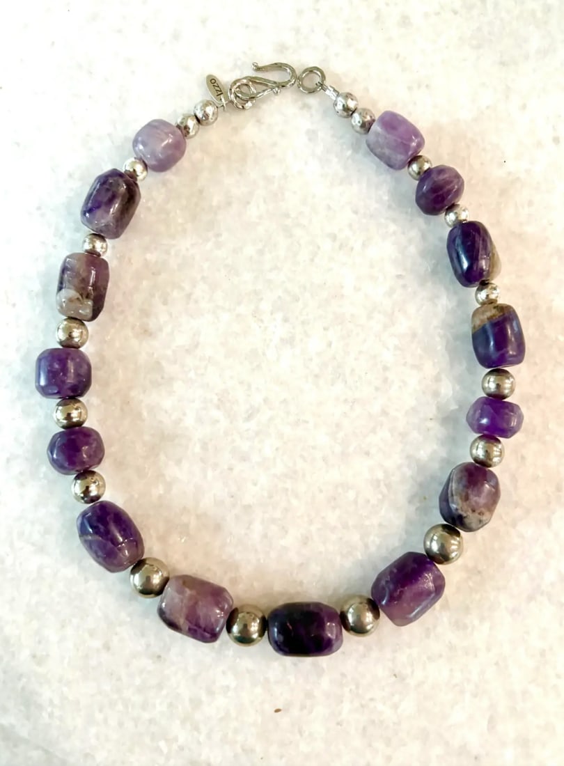 2020s Pre-Columbian Hand Carved Amethyst Beads With Silver Spacers Restrung Necklace - 2