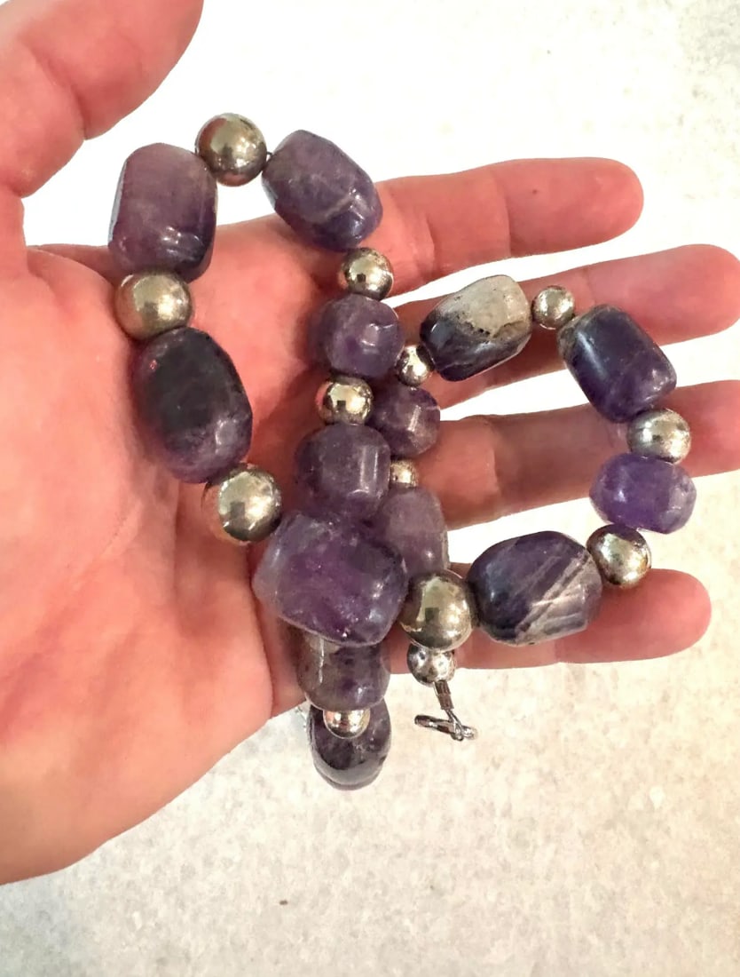 2020s Pre-Columbian Hand Carved Amethyst Beads With Silver Spacers Restrung Necklace - 3
