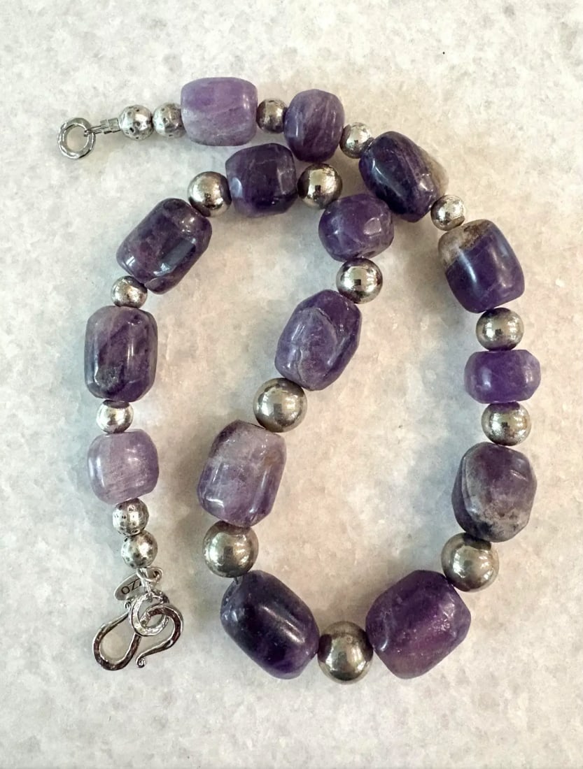 2020s Pre-Columbian Hand Carved Amethyst Beads With Silver Spacers Restrung Necklace - 4