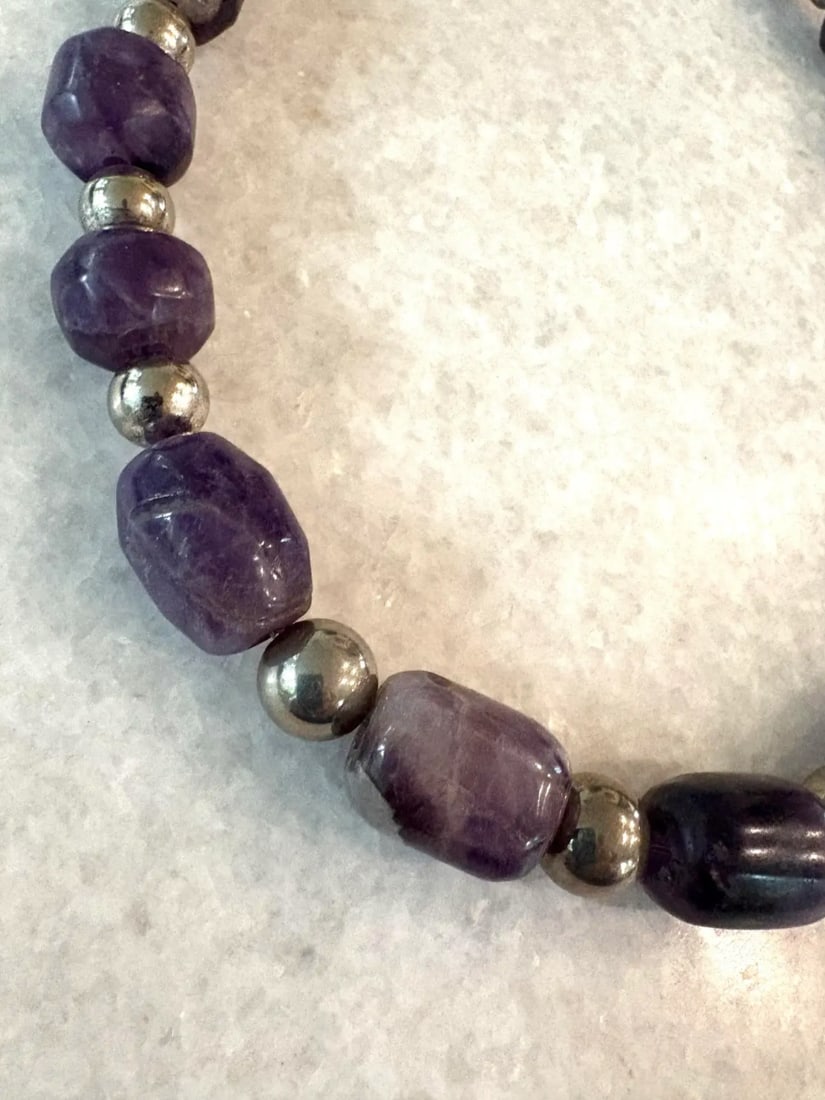 2020s Pre-Columbian Hand Carved Amethyst Beads With Silver Spacers Restrung Necklace - 5