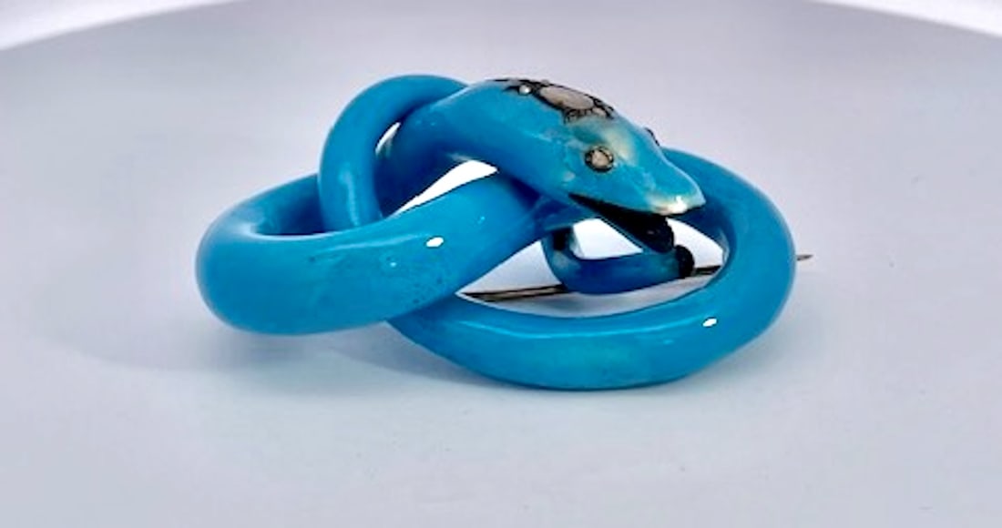 Antique Circa 1890 Enamel Diamond Snake Brooch, 38.4g Gold, Blue - 5