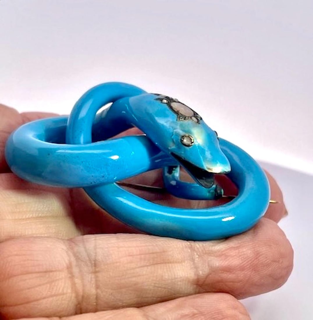 Antique Circa 1890 Enamel Diamond Snake Brooch, 38.4g Gold, Blue - 6