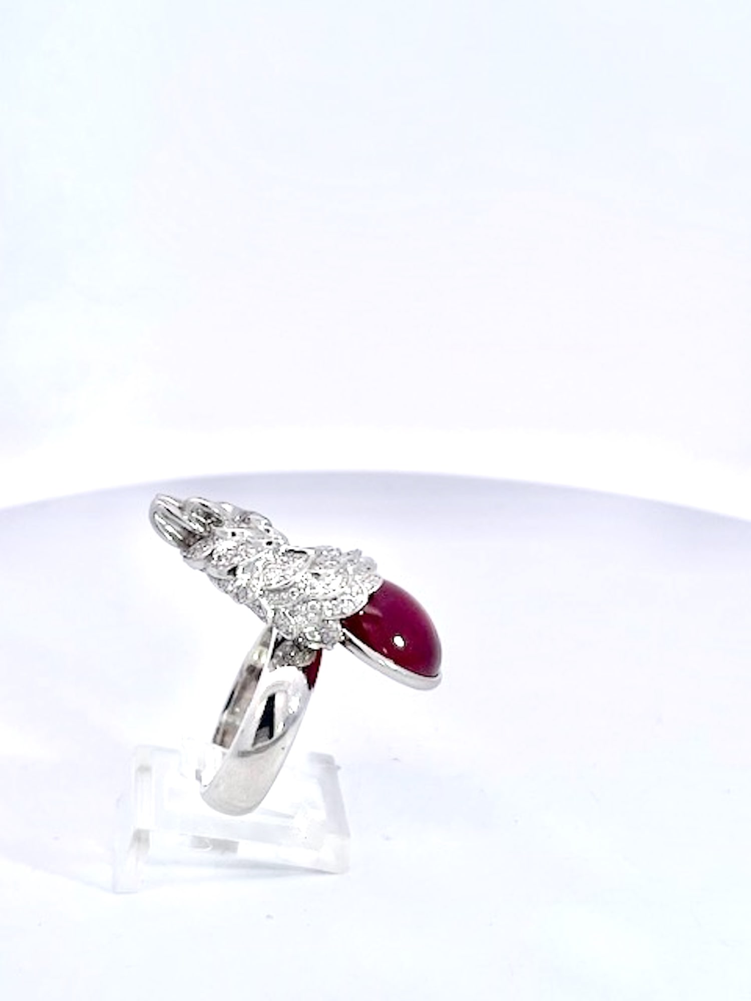 Large Oval Ruby Cabochon and Diamond Parrot Ring, Size 6.5 - 9