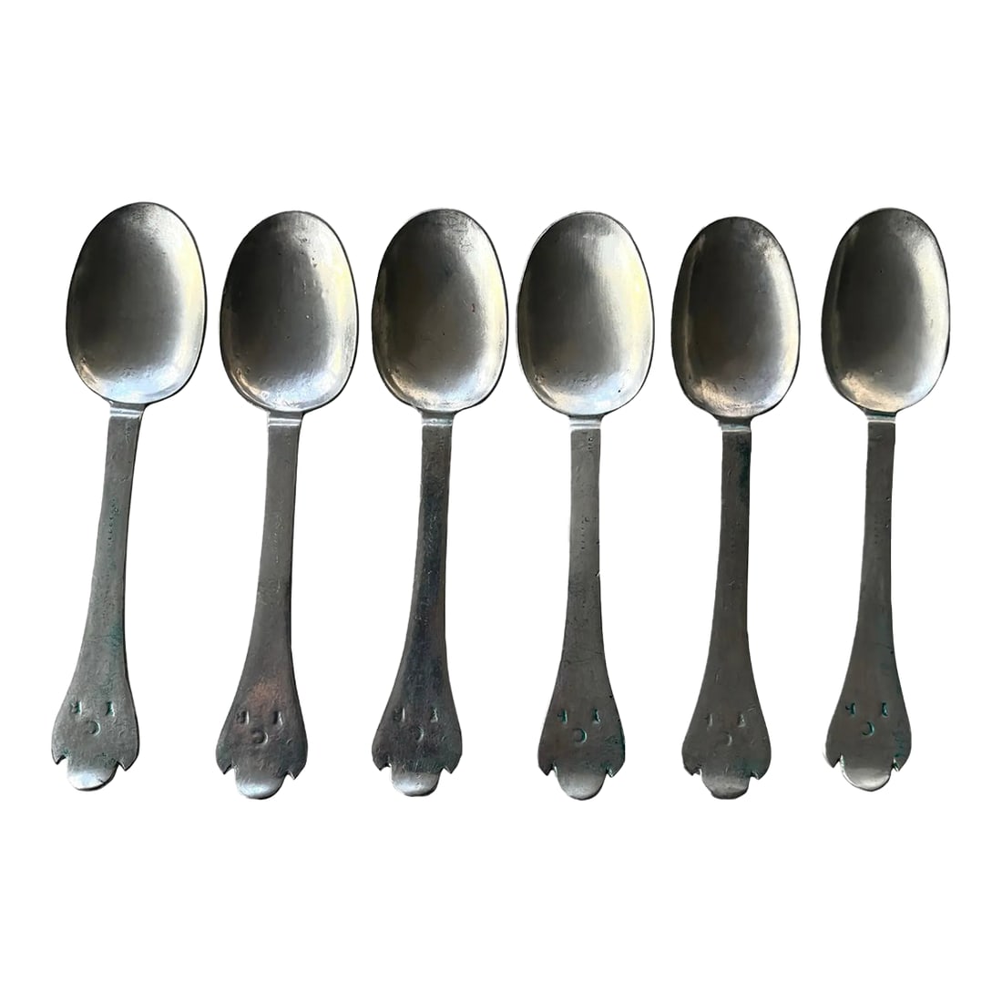 17th Century English Provincial Silver Spoons With Protective Red Suede Covering - Set of 6 Spoons: Very rare 17th century English provincial set of spoons in red suede protective carrying case. An exceptional antique spoon set. Six Spoons 1 Suede Case Condition: Alterations: Original Condition