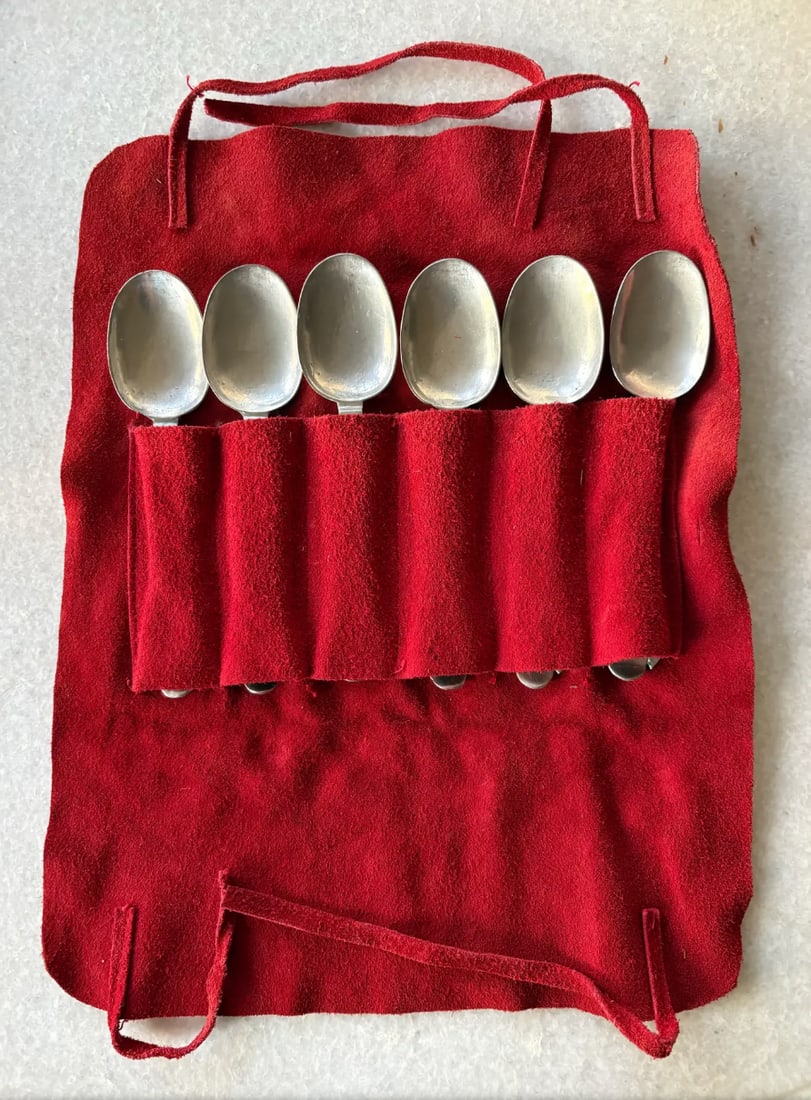 17th Century English Provincial Silver Spoons With Protective Red Suede Covering - Set of 6 Spoons - 6