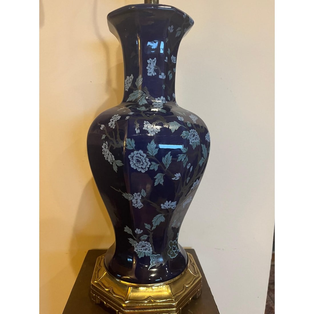 1970s Chinoiserie Cobalt Blue Porcelain Lamp - Heavy 6lb Greek Key Brass Base - 2
