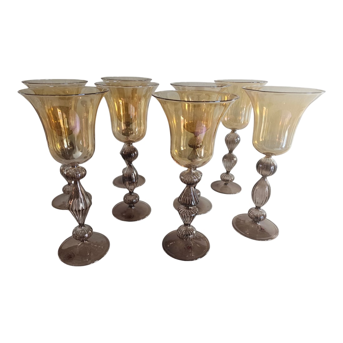 1980s Parise Vetro Venetian Murano Set of Wine Glasses - Set of 8: Handblown vintage set of 8 art glass goblets, handcrafted in Murano, Italy. they feature a tulip shaped bowl and unique, decorative stem with bubbles and globes. Each goblet carries at the base