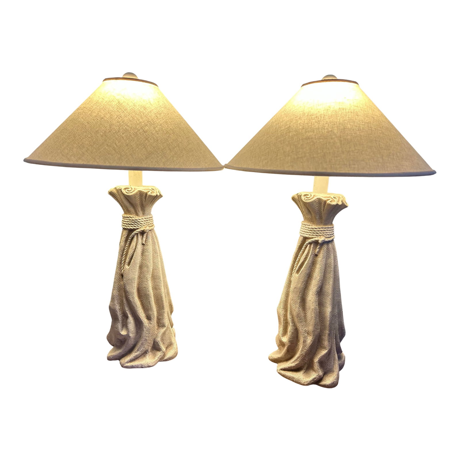 Authentic Pieri Tullio" 1995 Branded Pieri Creations "Draped Sack" With Original Silk Side-Ple: . IT'S VERY RARE TO FIND: A Tall Pair of Sculptural "trompe l'oeil" Plaster Table Lamps by PIERI CREATIONS, dated 1995. This sophisticated design features Original shades, heavy, realistic draped