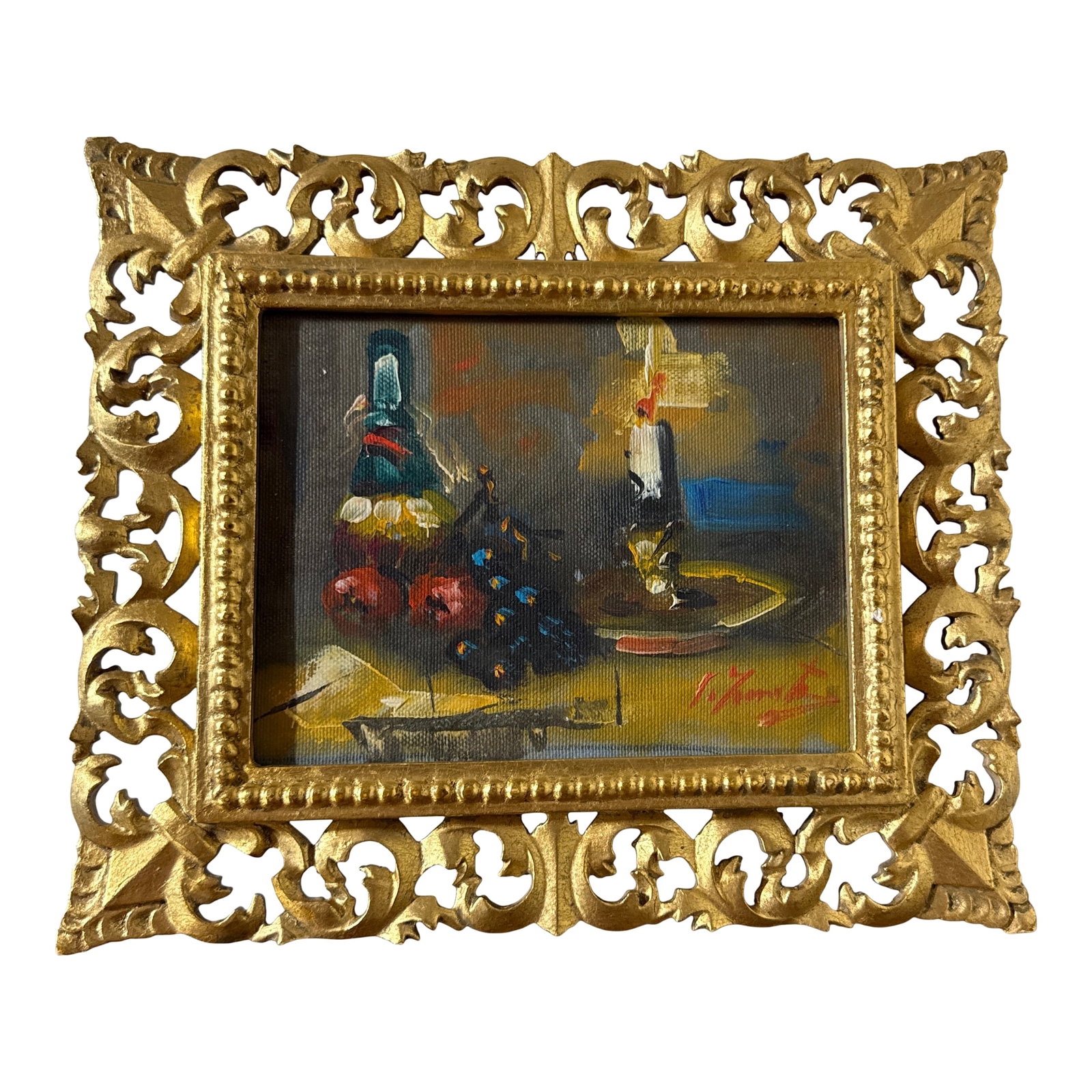 Vintage Italian Still Life Oil Painting Gold Ornate Frame Signed Original: Beautiful vintage Italian still life painting featuring a classic composition of fruit, wine bottle, and table setting. This piece is rendered in rich, expressive brushstrokes and warm tones, giving