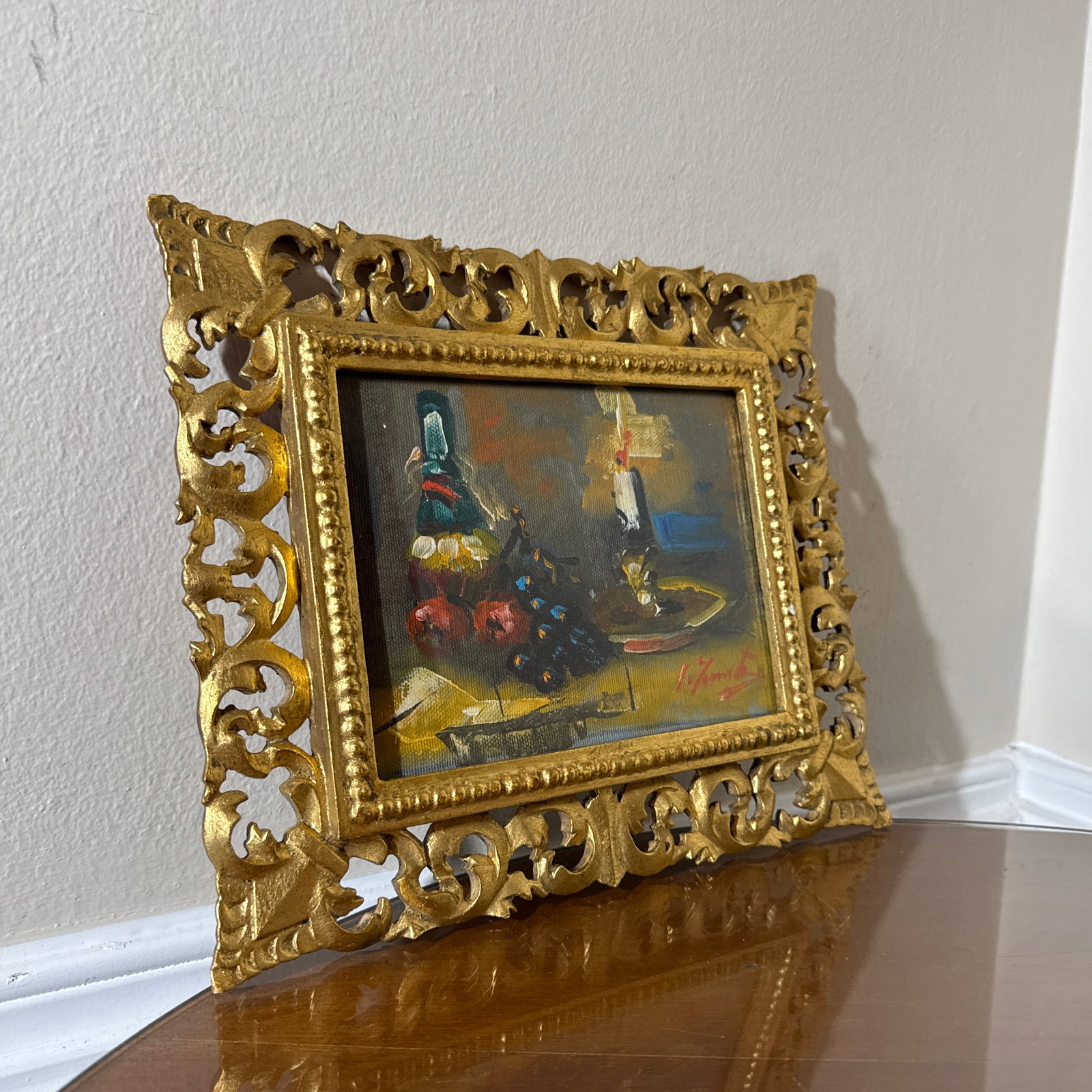 Vintage Italian Still Life Oil Painting Gold Ornate Frame Signed Original - 3