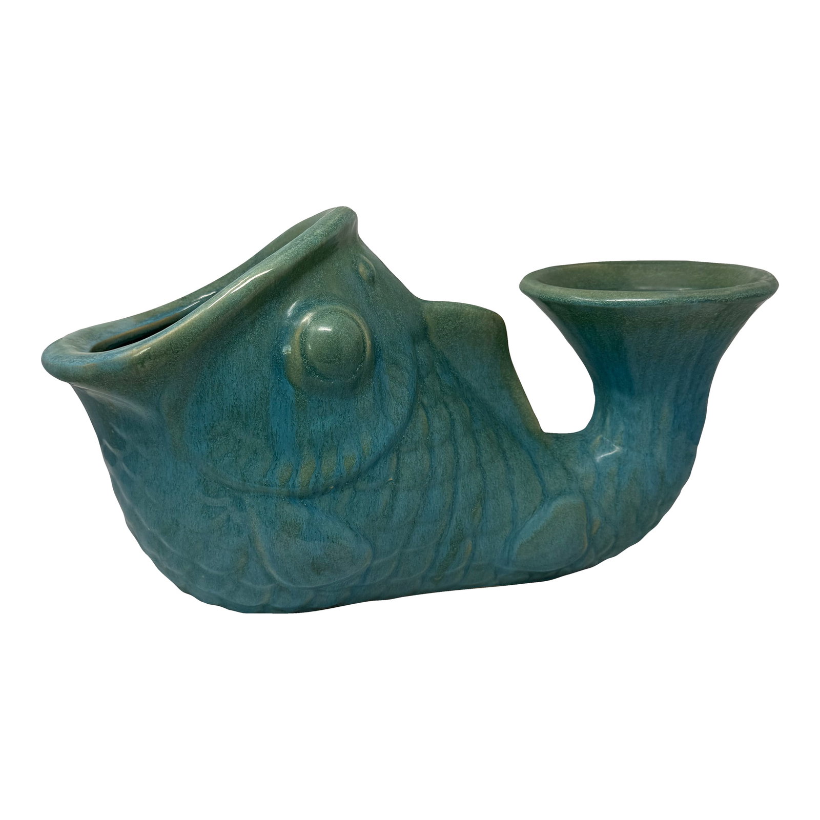 Large-Scale Vintage Turquoise Glazed Fish Planter / Sculptural Coastal Vessel – 20": A large-scale vintage ceramic fish planter rendered in a luminous turquoise and sea-glass glaze, notable for its sculptural presence and generous 20-inch span. The form is both whimsical and refined,
