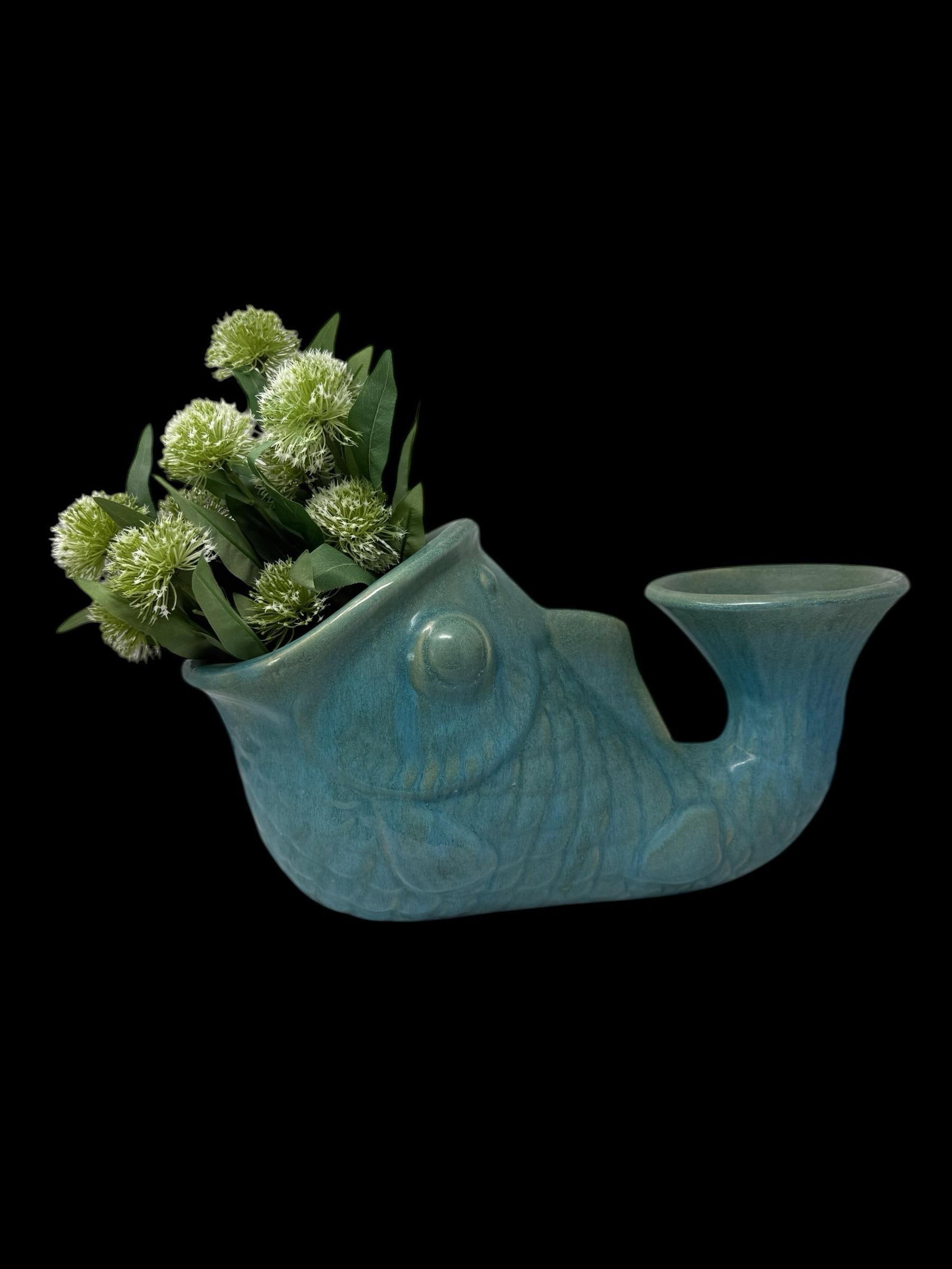 Large-Scale Vintage Turquoise Glazed Fish Planter / Sculptural Coastal Vessel – 20" - 3