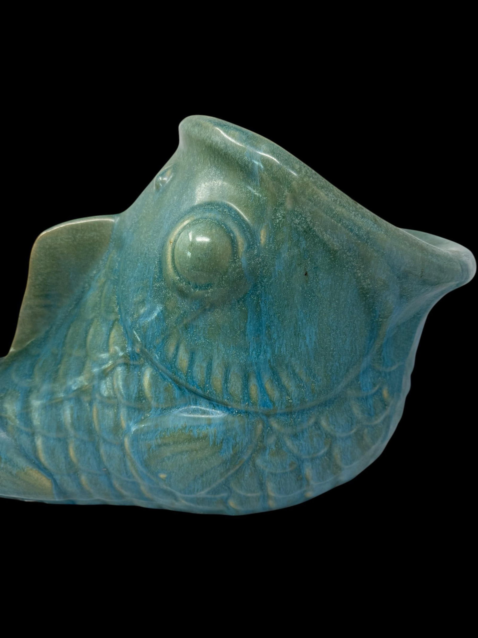 Large-Scale Vintage Turquoise Glazed Fish Planter / Sculptural Coastal Vessel – 20" - 4