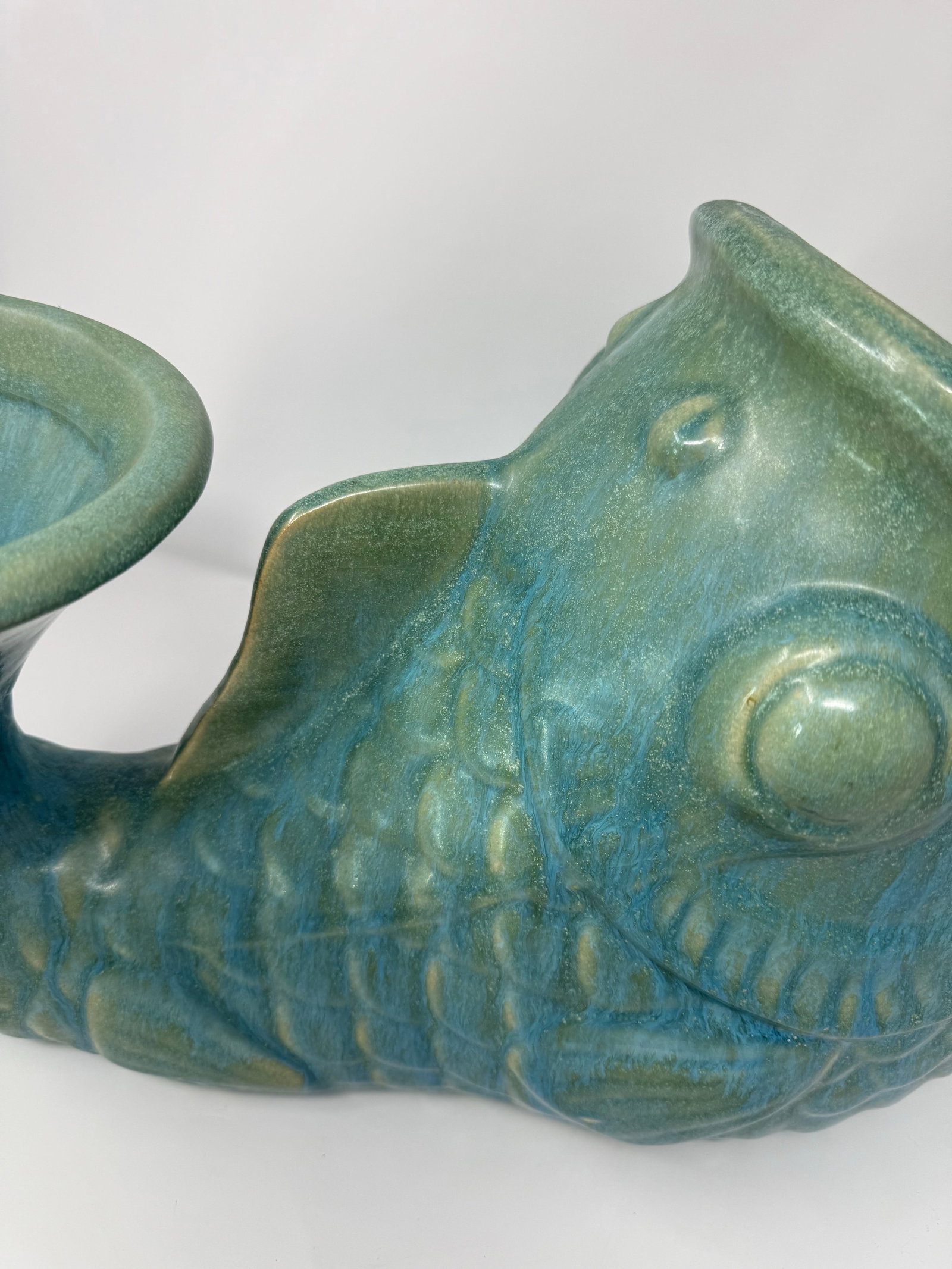 Large-Scale Vintage Turquoise Glazed Fish Planter / Sculptural Coastal Vessel – 20" - 5