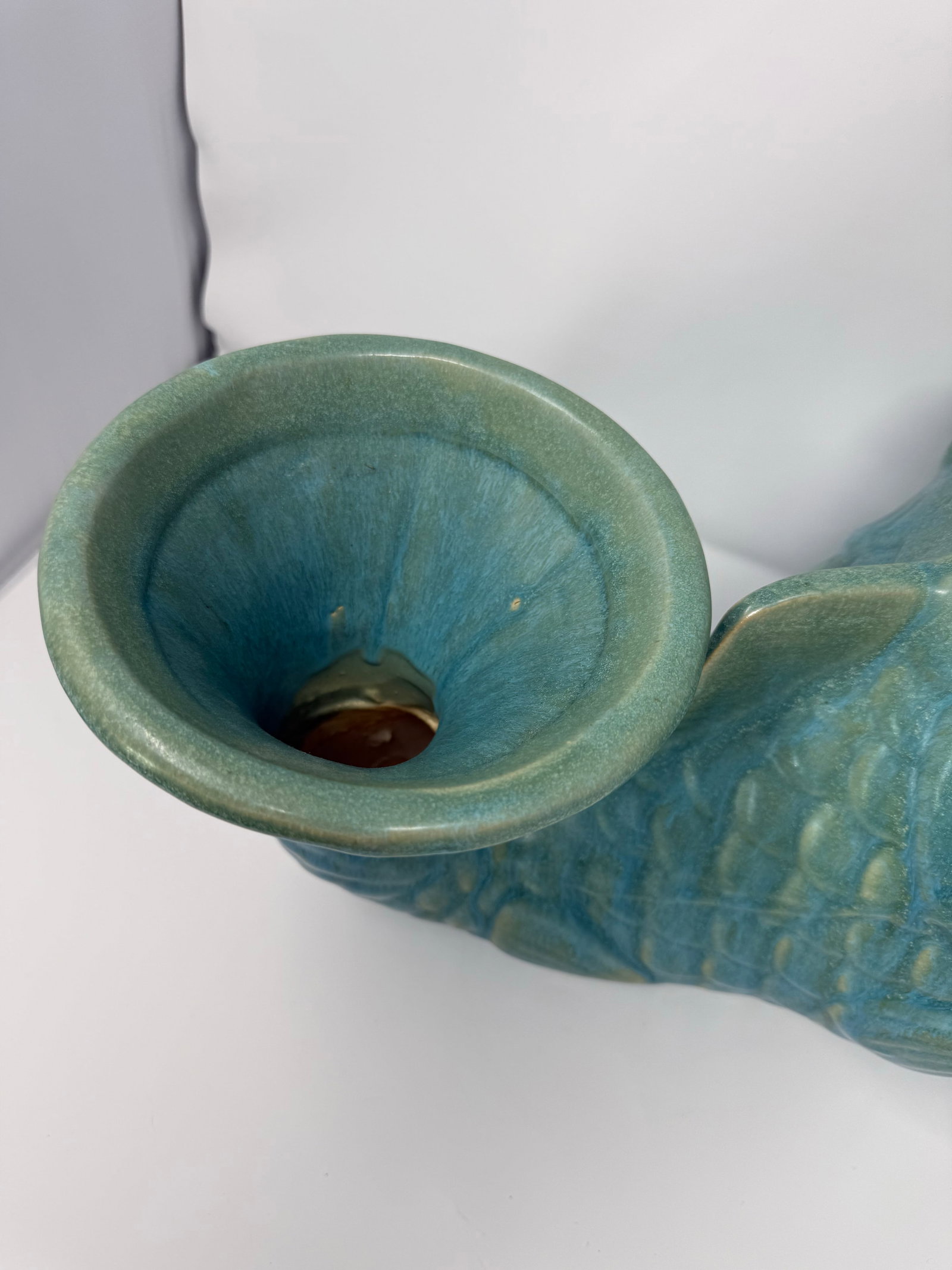 Large-Scale Vintage Turquoise Glazed Fish Planter / Sculptural Coastal Vessel – 20" - 6