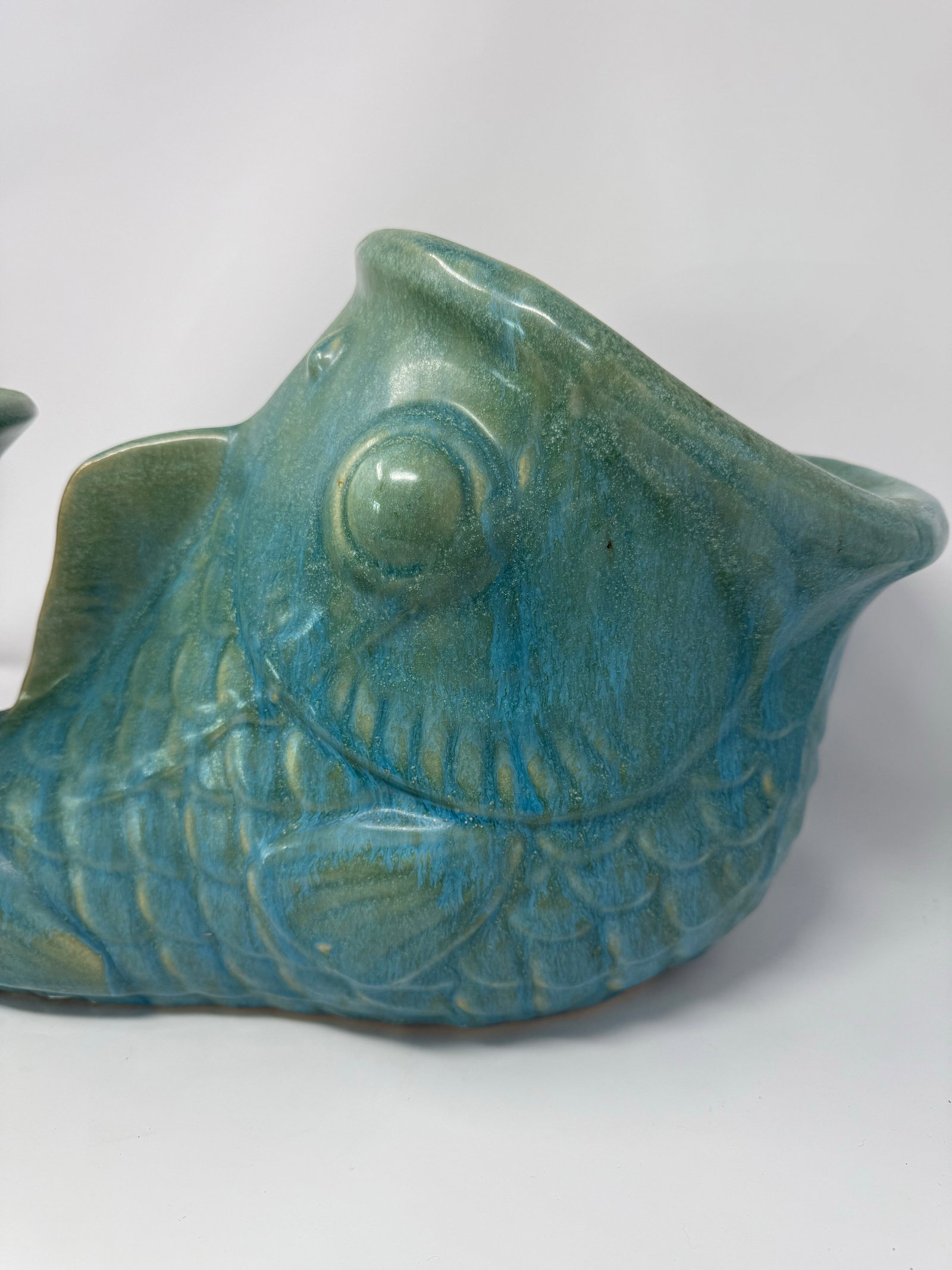 Large-Scale Vintage Turquoise Glazed Fish Planter / Sculptural Coastal Vessel – 20" - 7