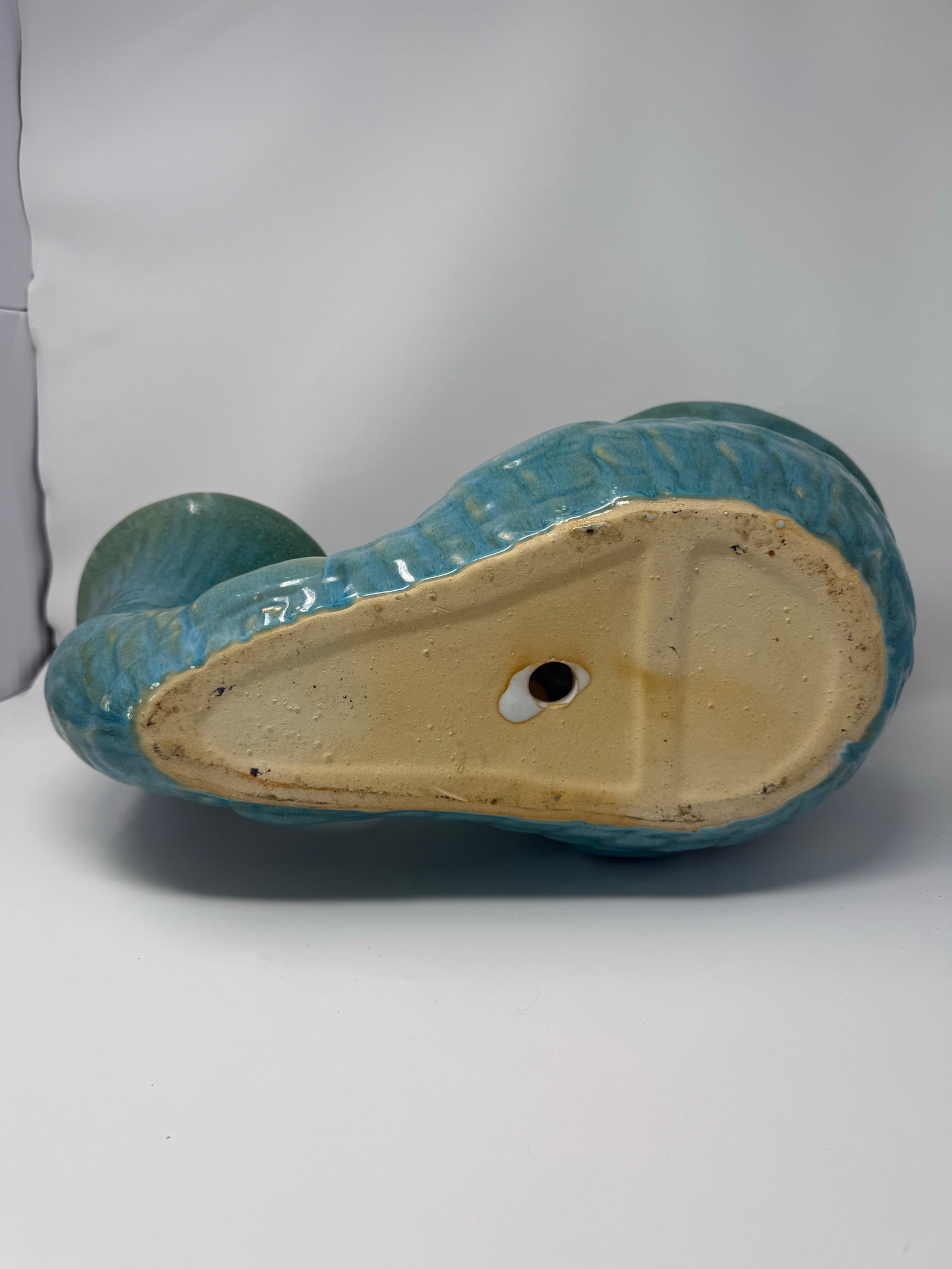 Large-Scale Vintage Turquoise Glazed Fish Planter / Sculptural Coastal Vessel – 20" - 8
