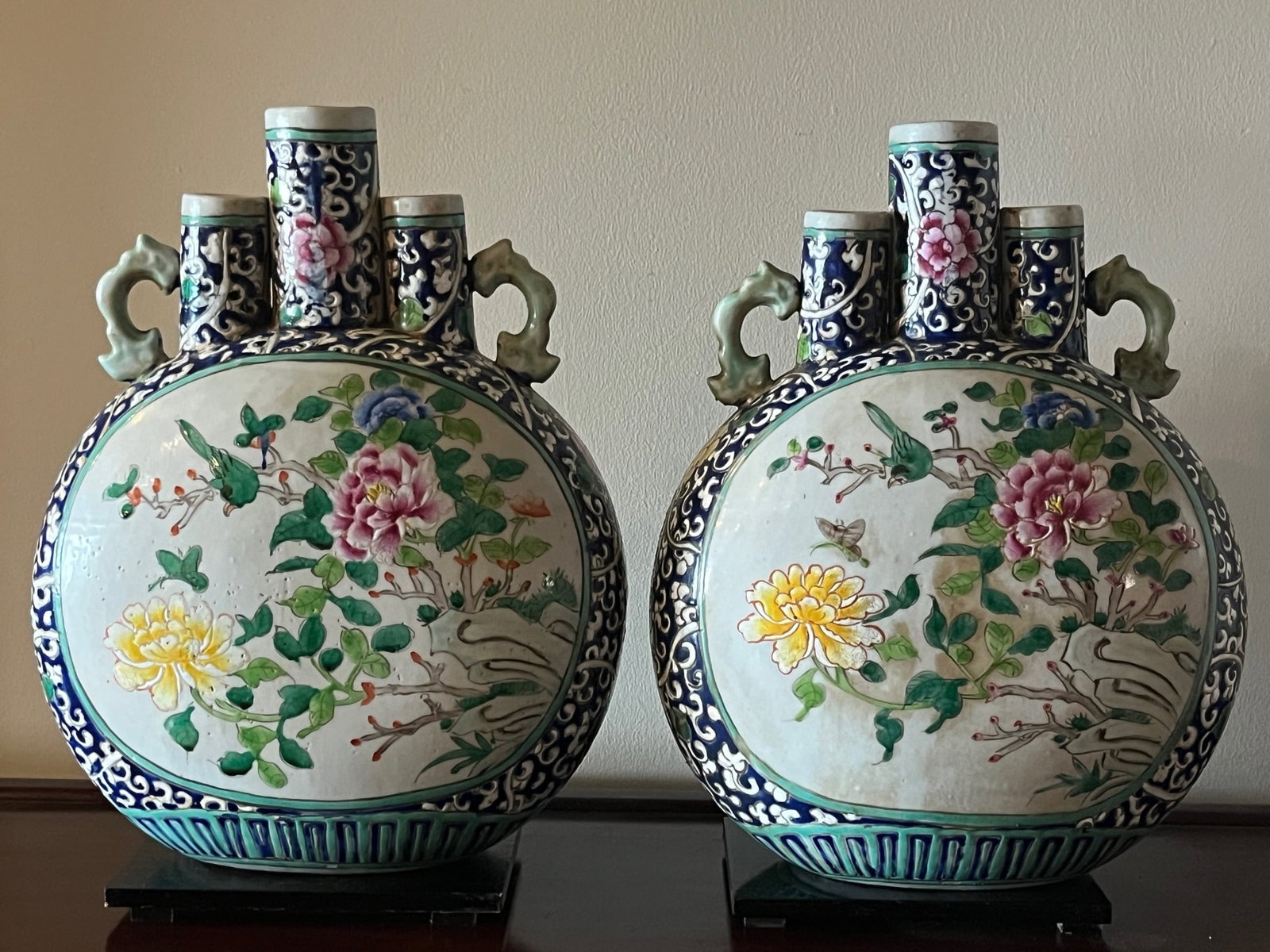 Antique 15" Chinese Famille Rose Moon Flask Vases - Guangxu Period Pair - 4