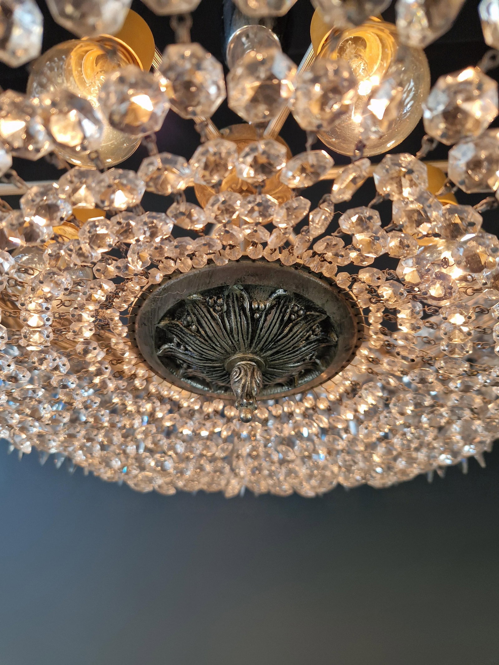 Antique Restored Baroque Crystal Plafonnier Brass Ceiling Chandelier - 10