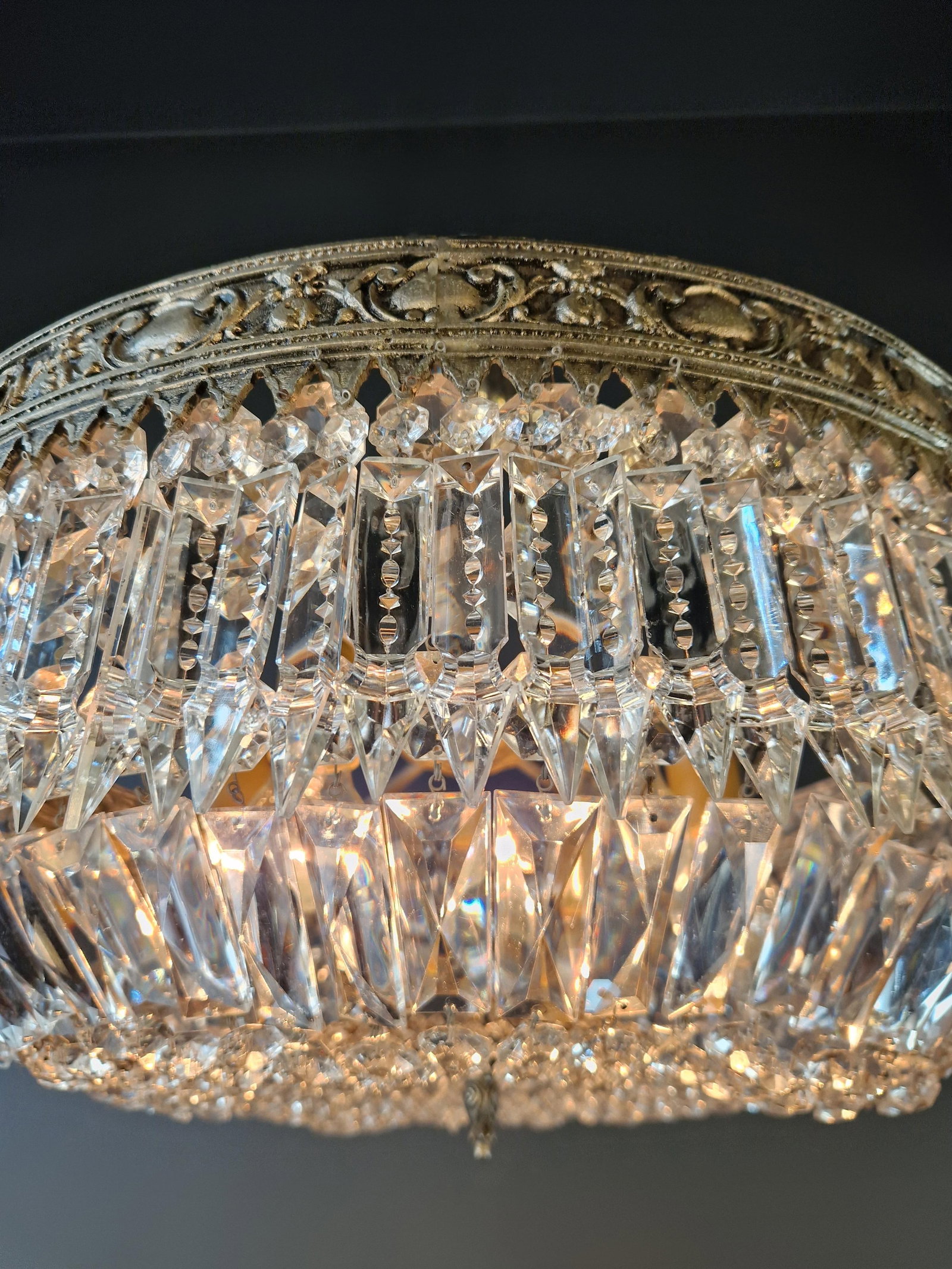 Antique Restored Baroque Crystal Plafonnier Brass Ceiling Chandelier - 11