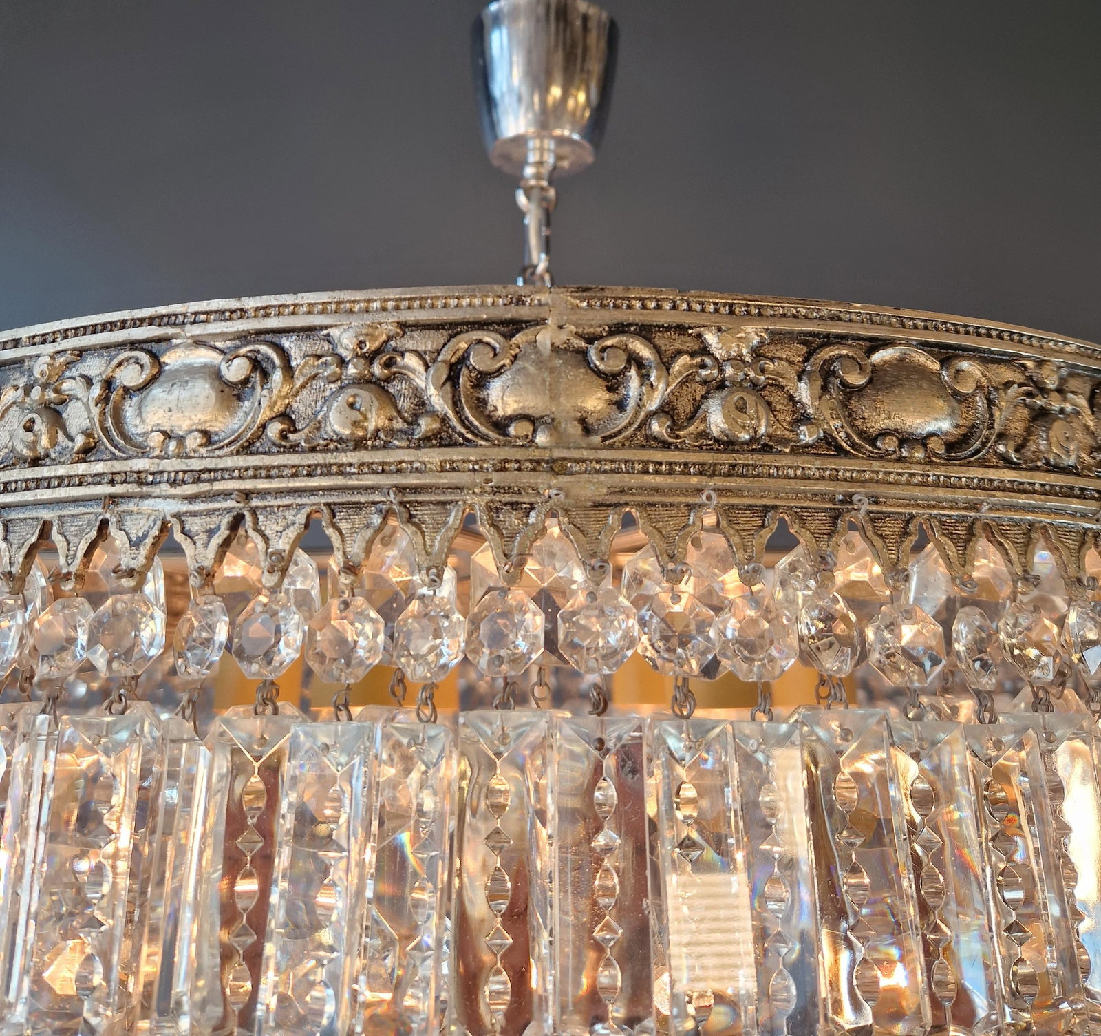 Antique Restored Baroque Crystal Plafonnier Brass Ceiling Chandelier - 12