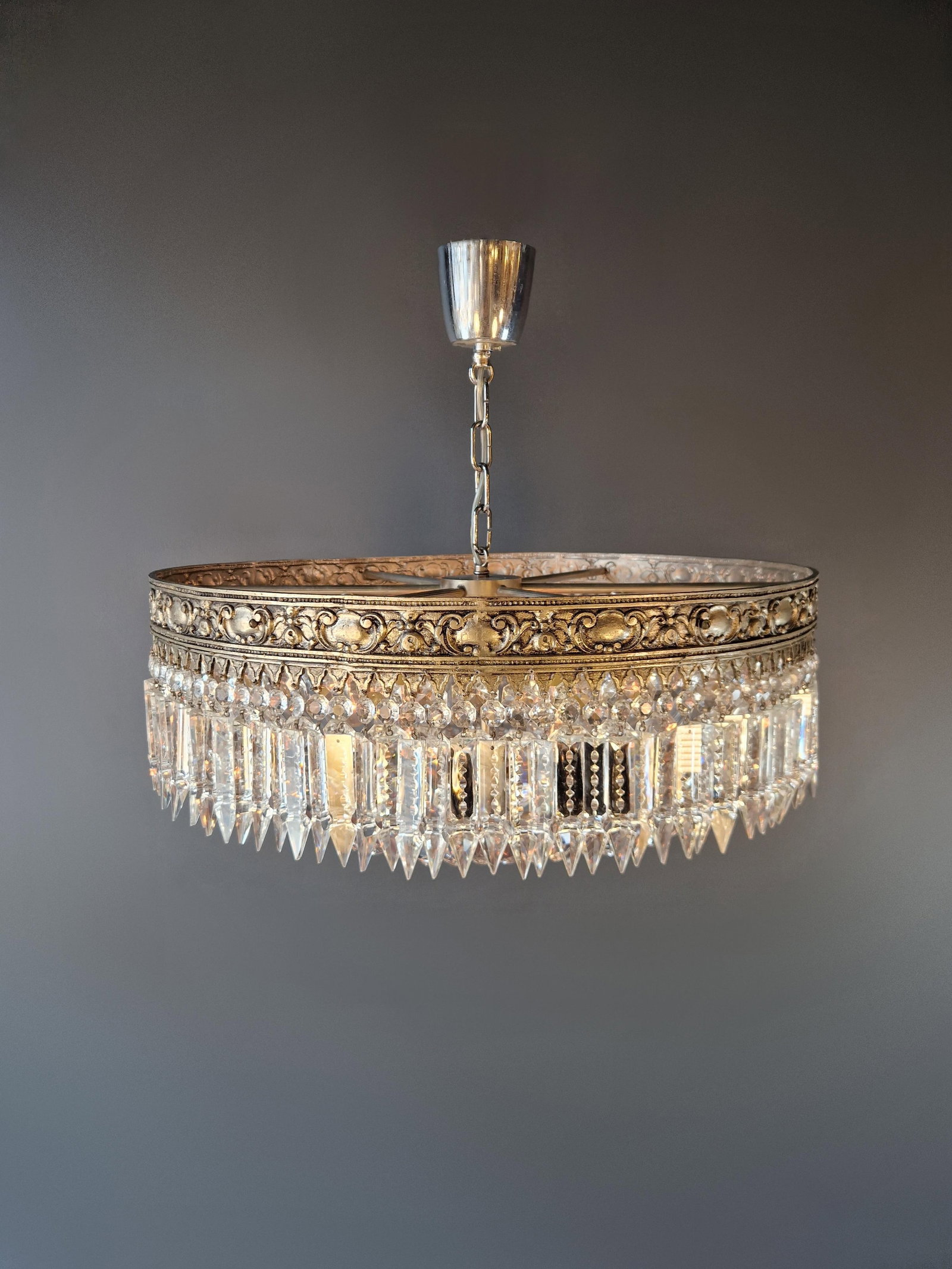 Antique Restored Baroque Crystal Plafonnier Brass Ceiling Chandelier - 13