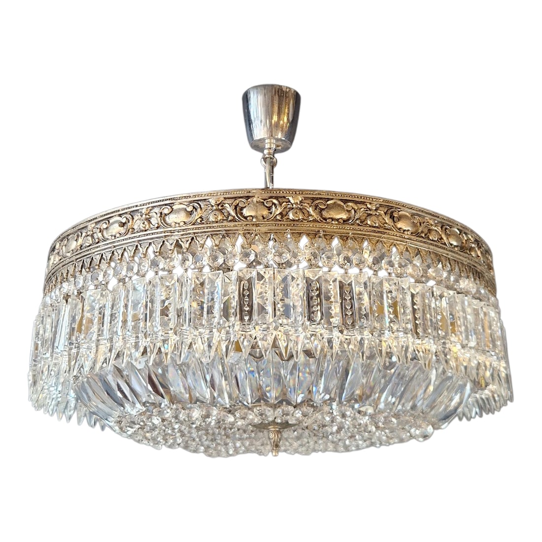 Antique Restored Baroque Crystal Plafonnier Brass Ceiling Chandelier: This impressive ceiling light was meticulously and lovingly restored in our Berlin workshop. All the electrical components were replaced and meet current standards. Each crystal was hand-knotted and