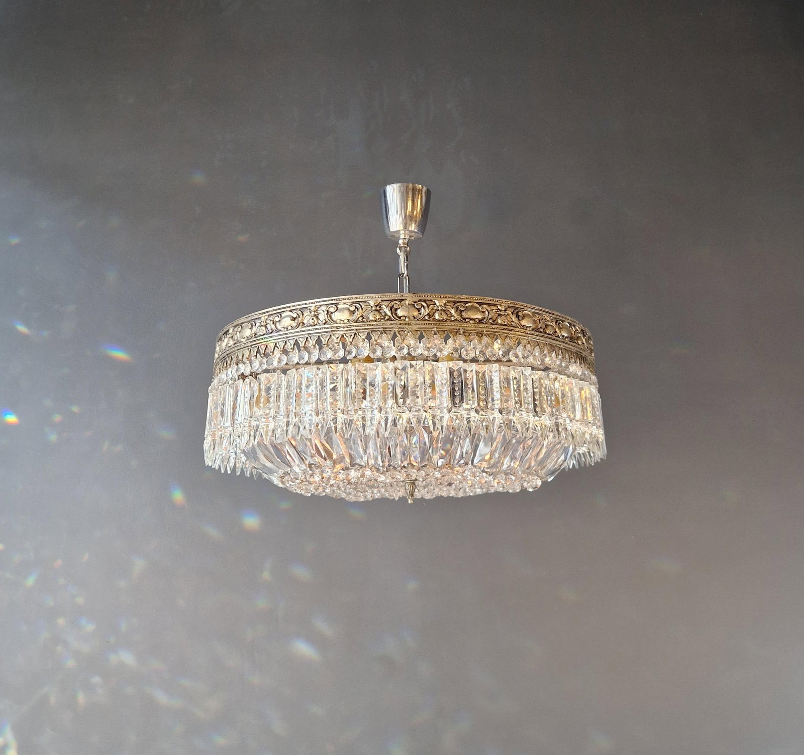 Antique Restored Baroque Crystal Plafonnier Brass Ceiling Chandelier - 2