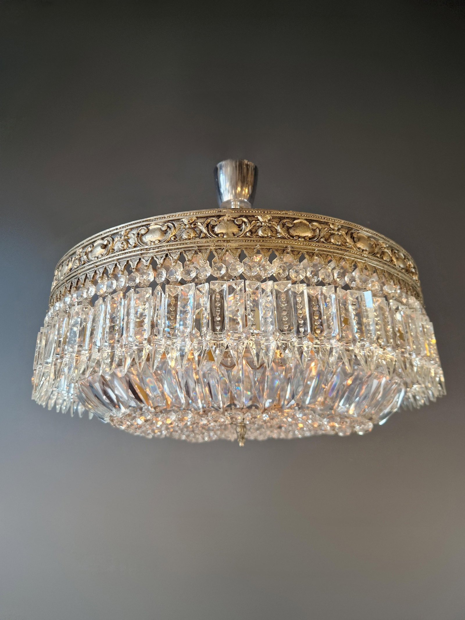 Antique Restored Baroque Crystal Plafonnier Brass Ceiling Chandelier - 3