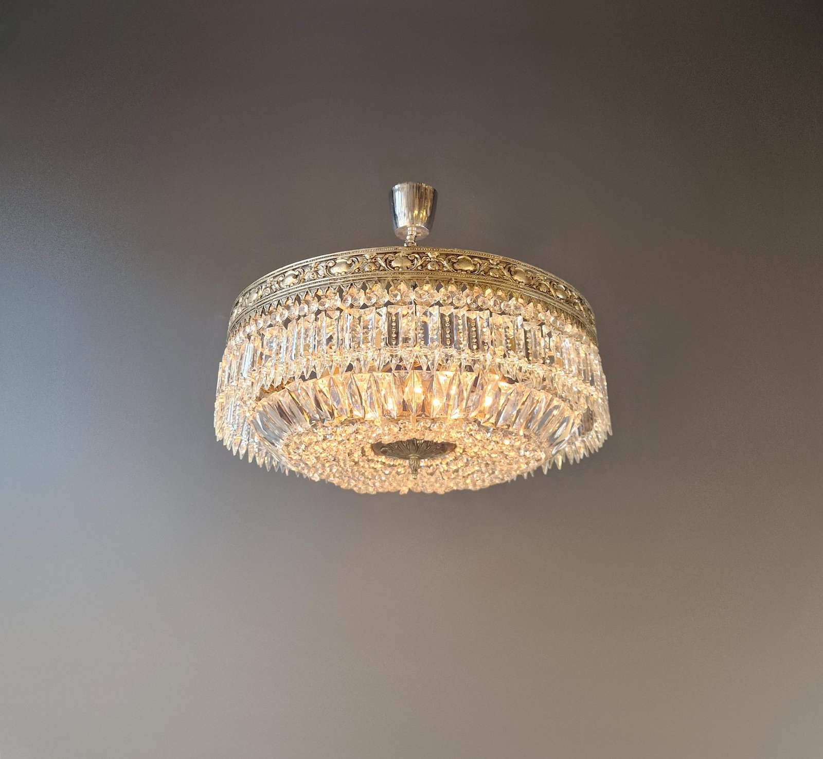 Antique Restored Baroque Crystal Plafonnier Brass Ceiling Chandelier - 4